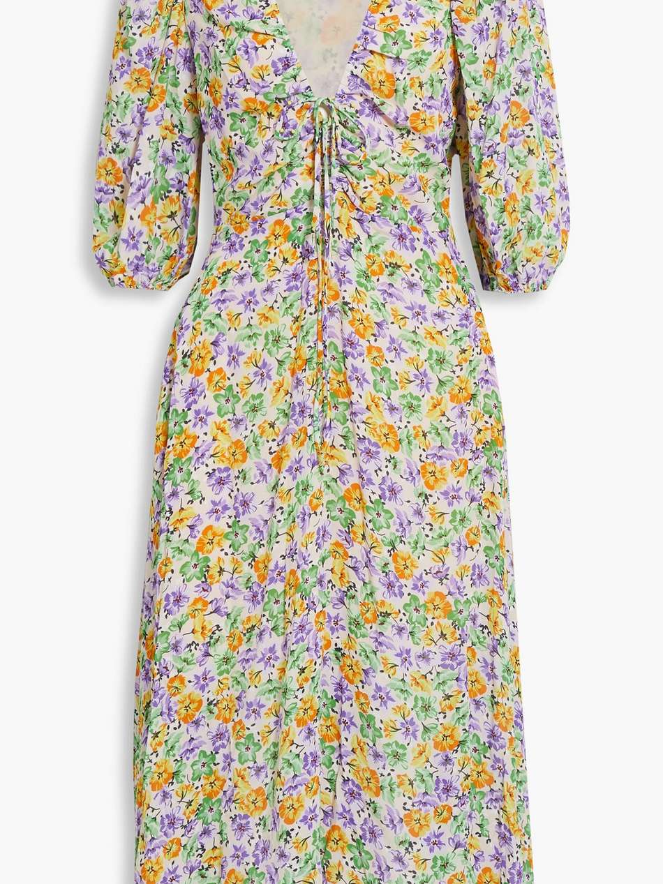 danielle lace-up ruched floral-print crepe midi dress