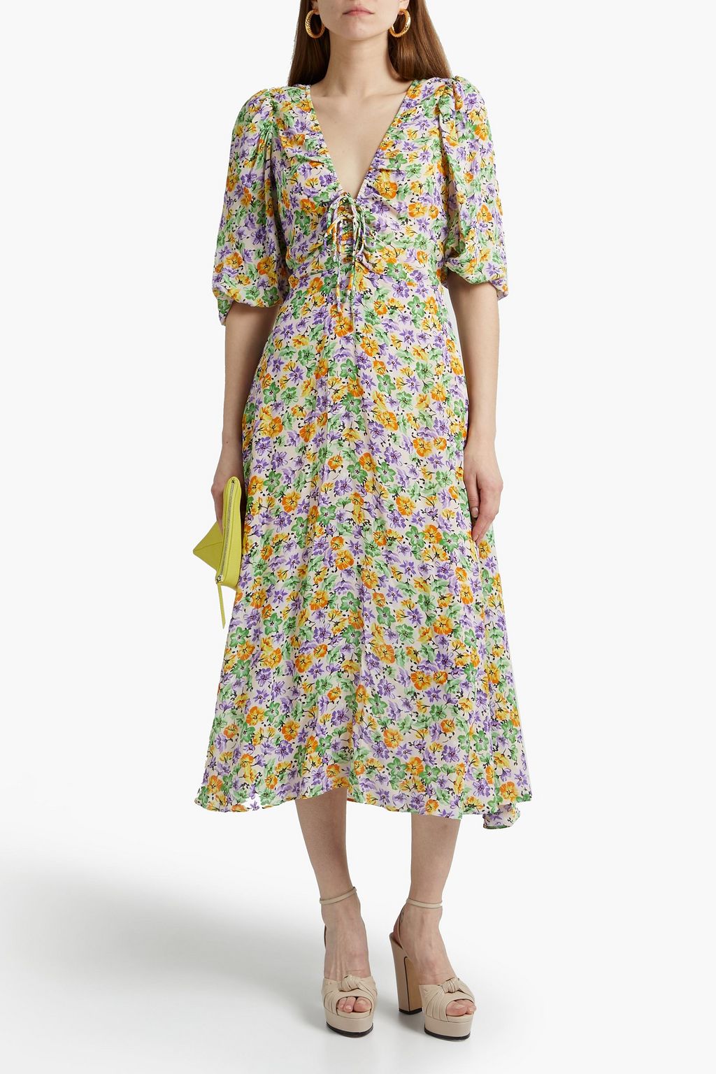 NICHOLAS Lace-up ruched floral-print crepe midi dress