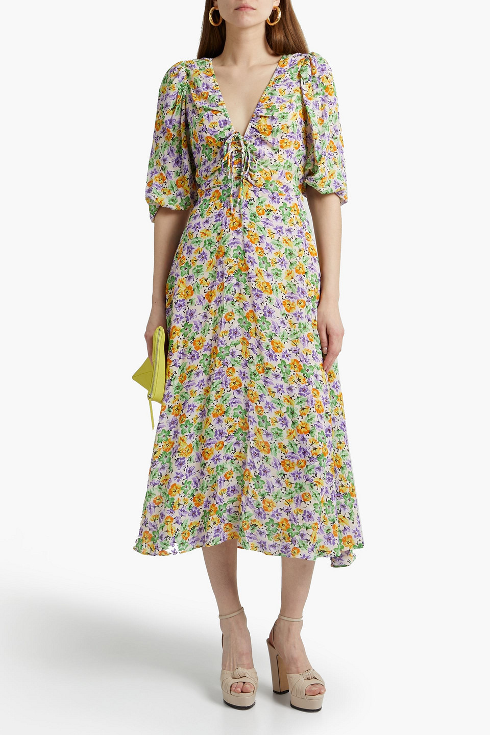 NICHOLAS LACE-UP RUCHED FLORAL-PRINT CREPE MIDI DRESS,3074457345629967705