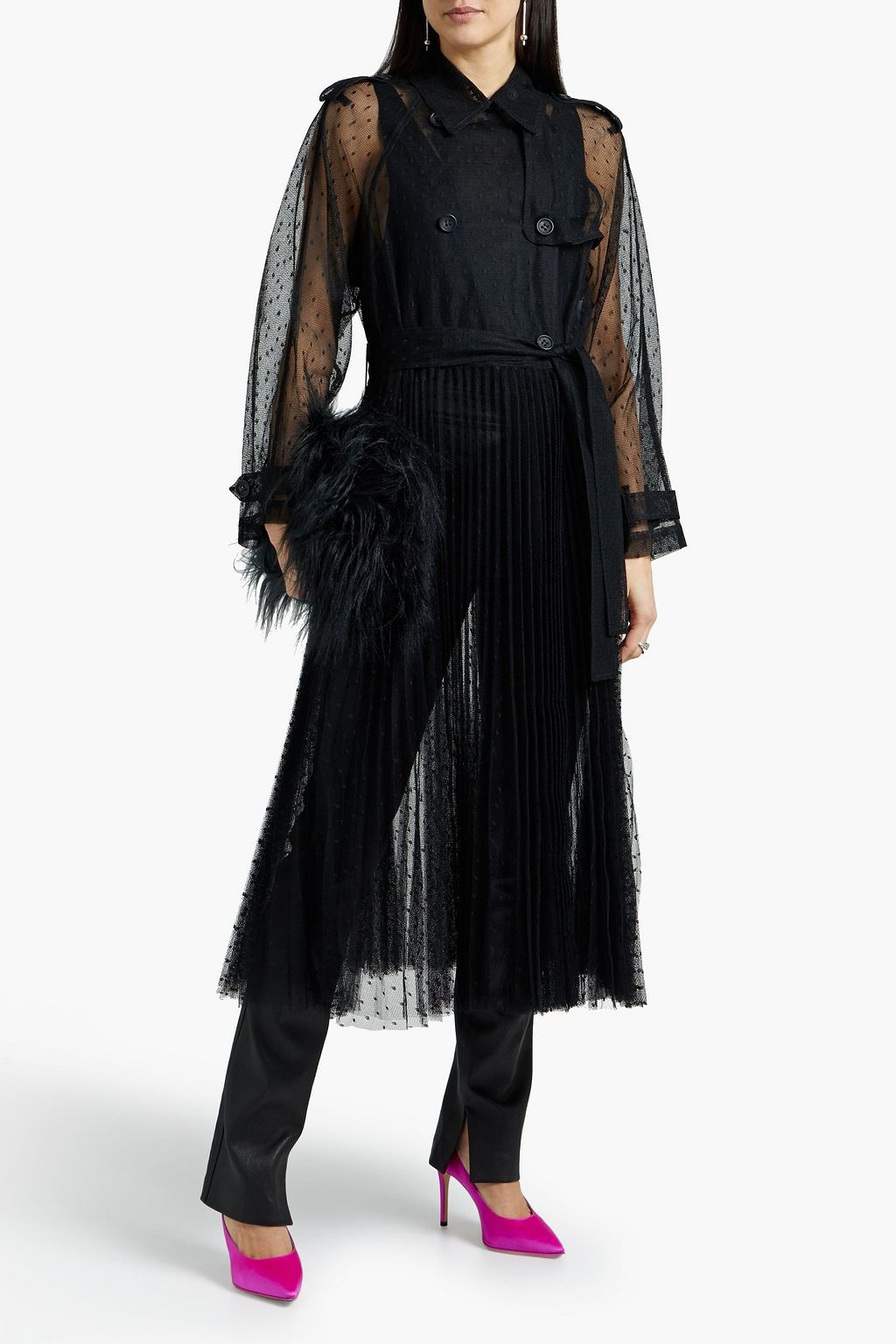 REDVALENTINO Belted pleated point d'esprit trench coat