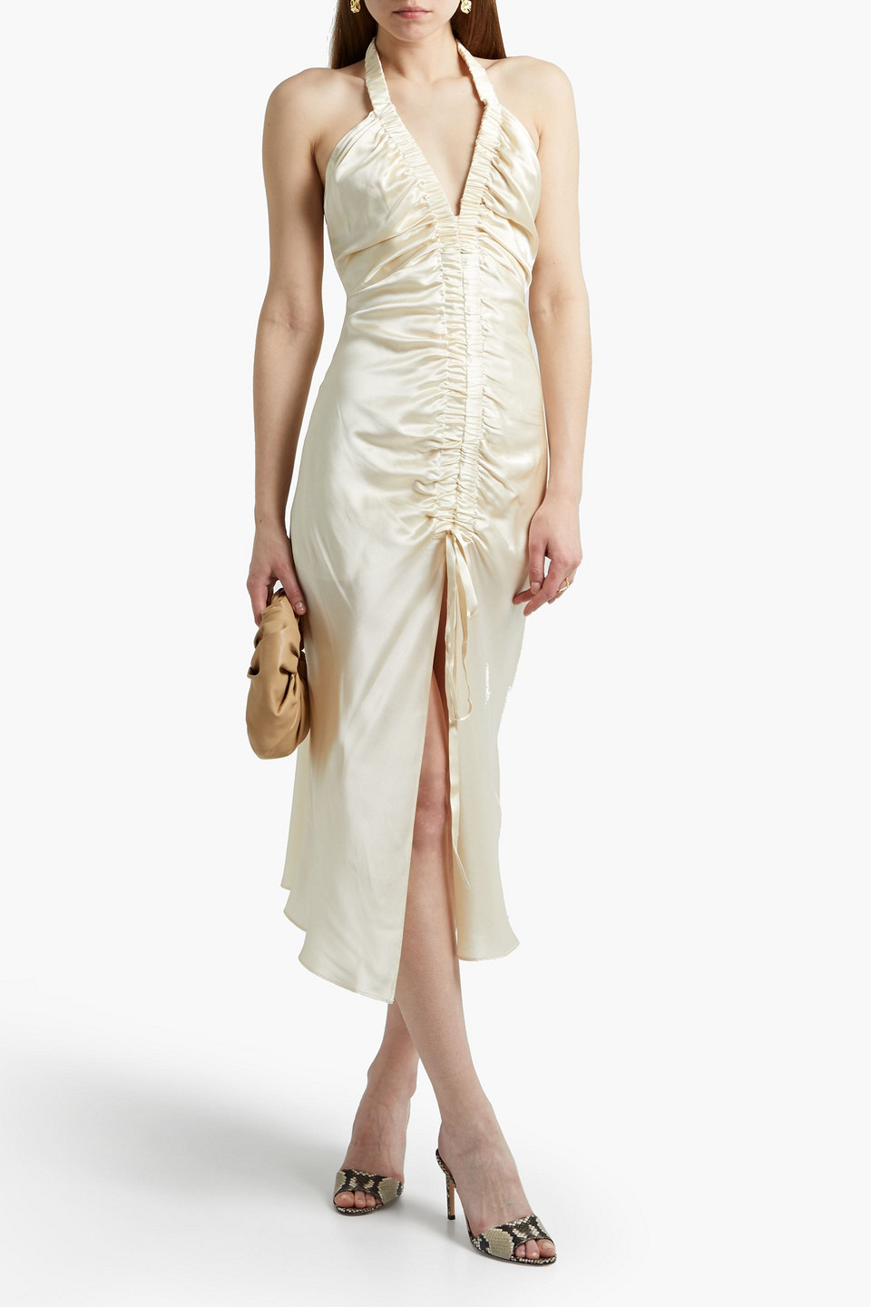 NICHOLAS ALLIA RUCHED SILK-SATIN HALTERNECK MIDI DRESS,3074457345629971136