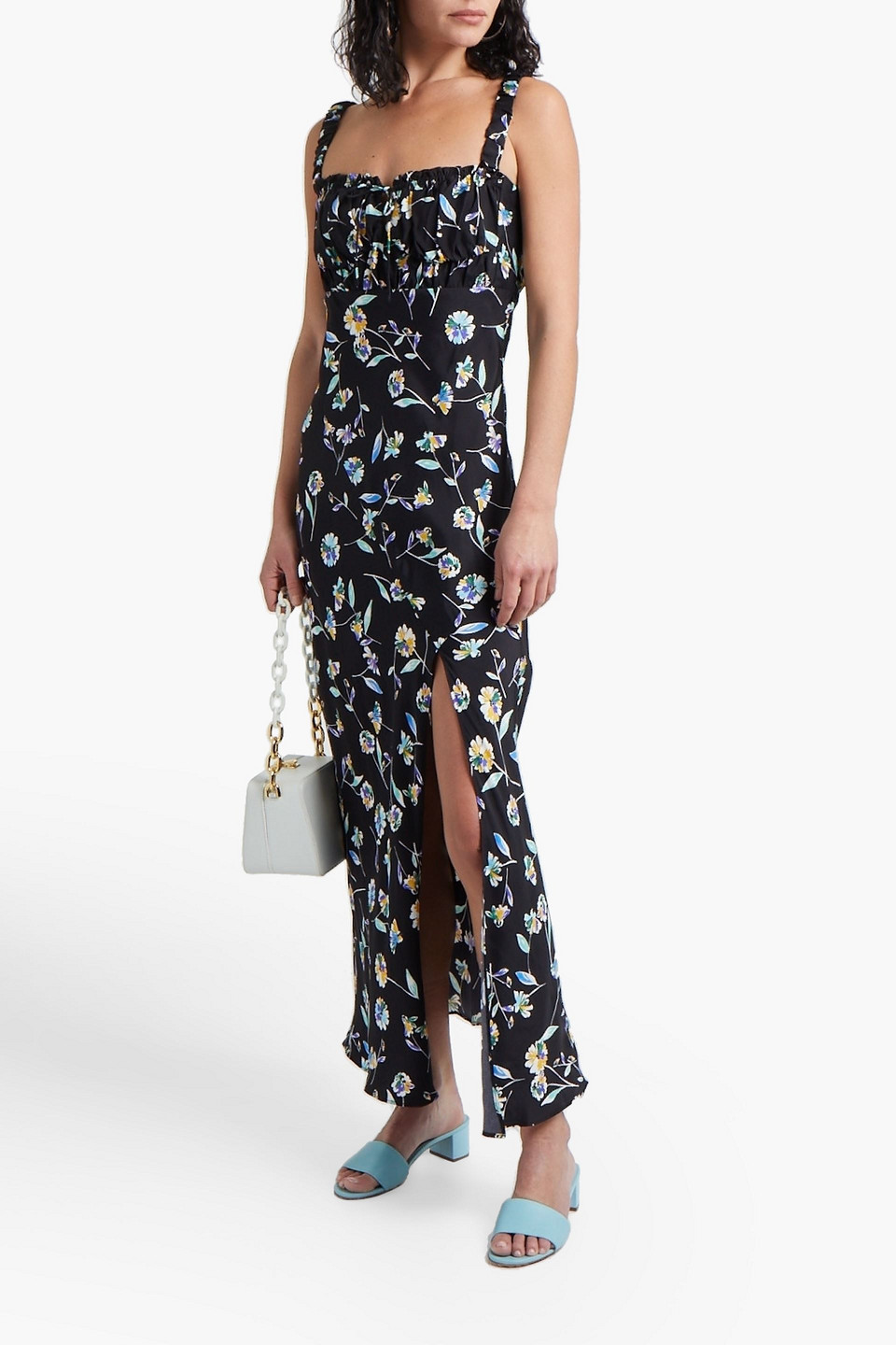 Nicholas Gathered Floral-print Satin Maxi Dress In Multi