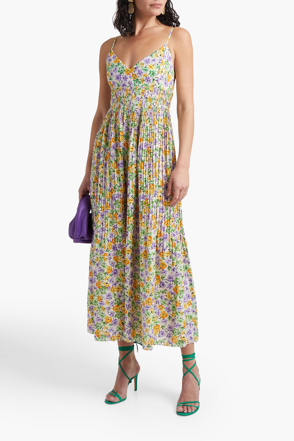 Nicholas Susan Pleated Floral-print Linen-blend Midi Dress In Purple