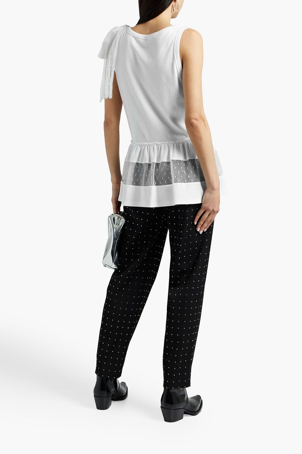 REDVALENTINO Bow-embellished point d'esprit-paneled ribbed-jersey top