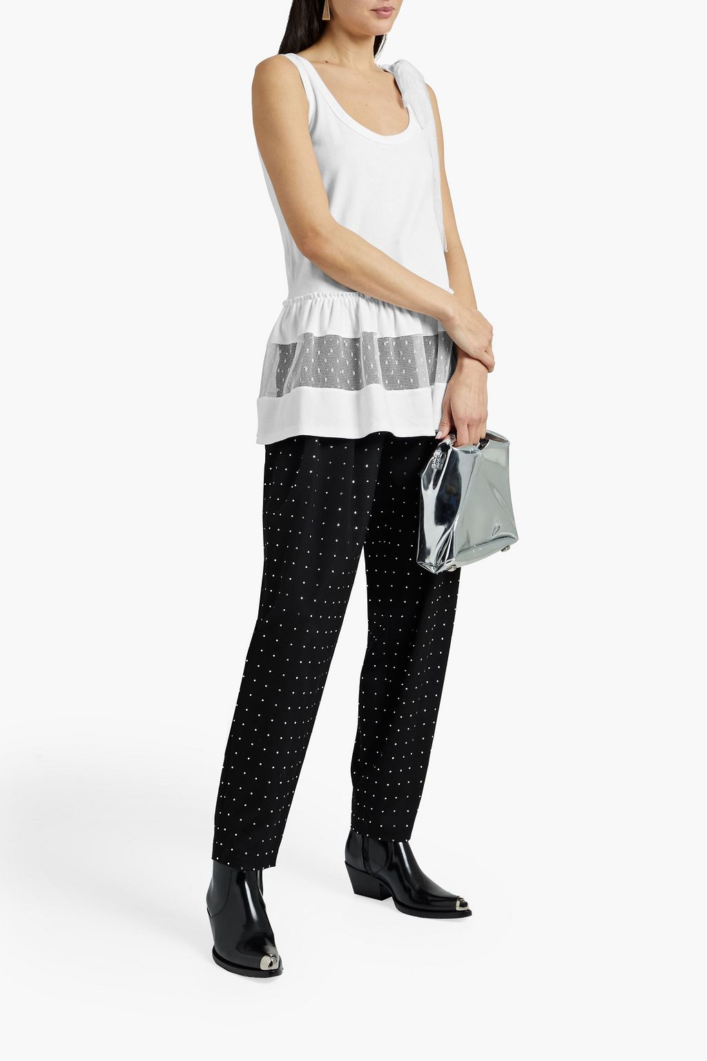 REDVALENTINO Bow-embellished point d'esprit-paneled ribbed-jersey top
