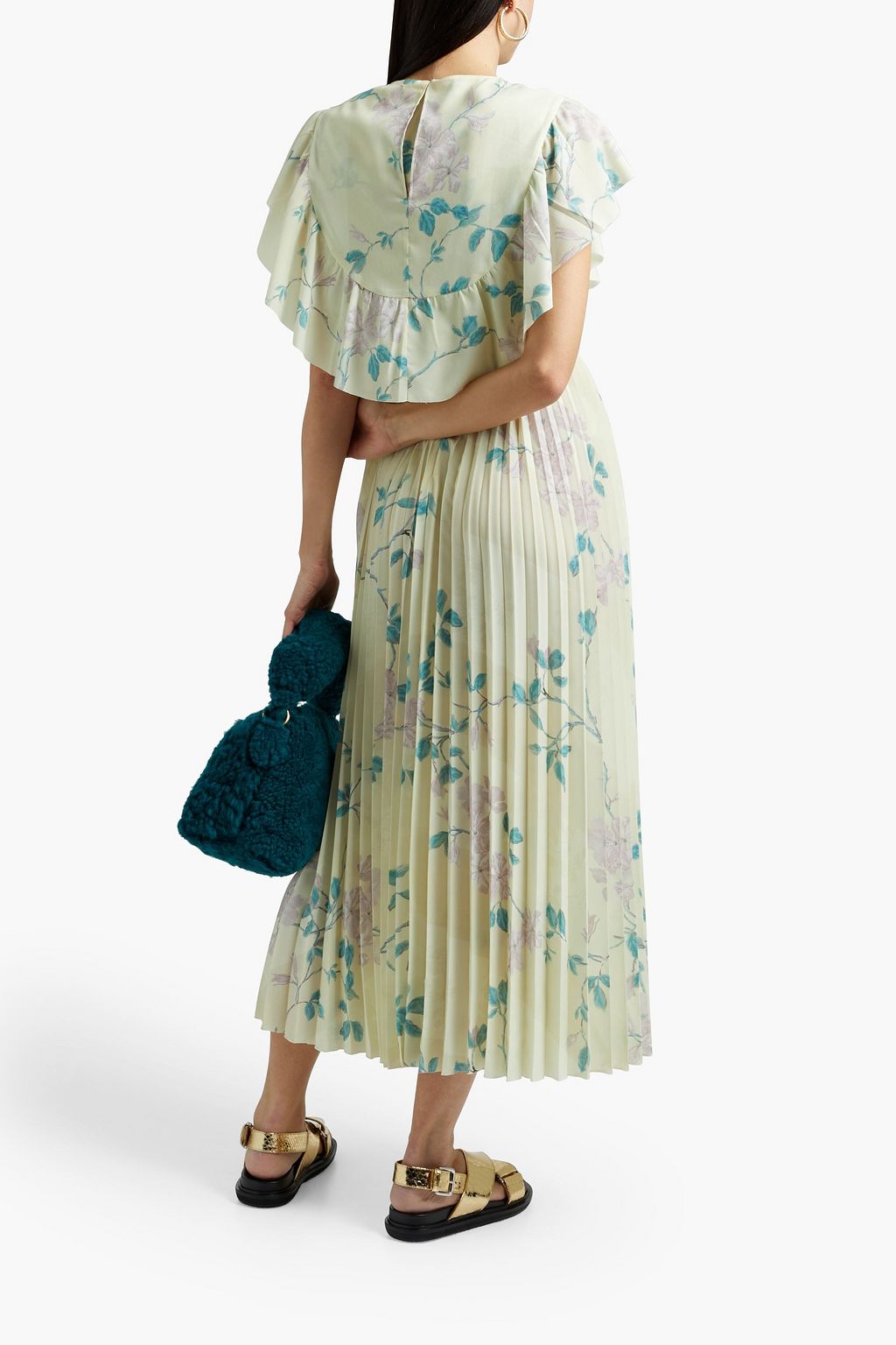 REDVALENTINO فستان متوسط الطول من الكريب مزين بطبعات على شكل زهور وبكسرات