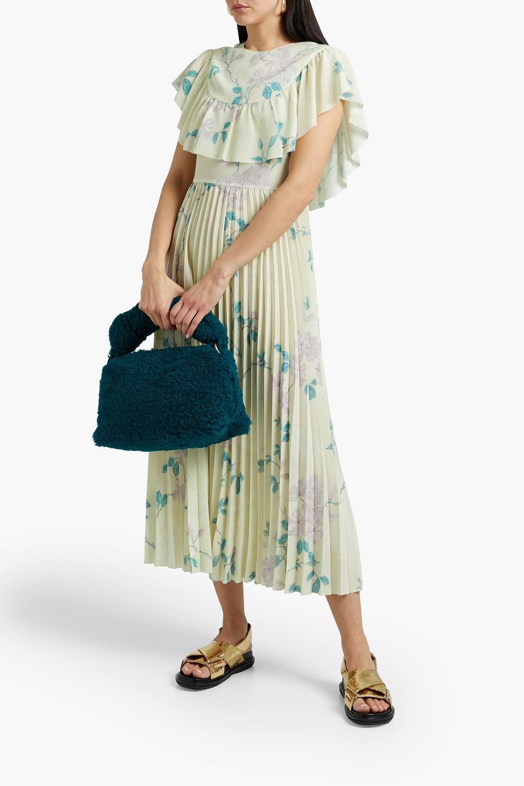 REDVALENTINO فستان متوسط الطول من الكريب مزين بطبعات على شكل زهور وبكسرات