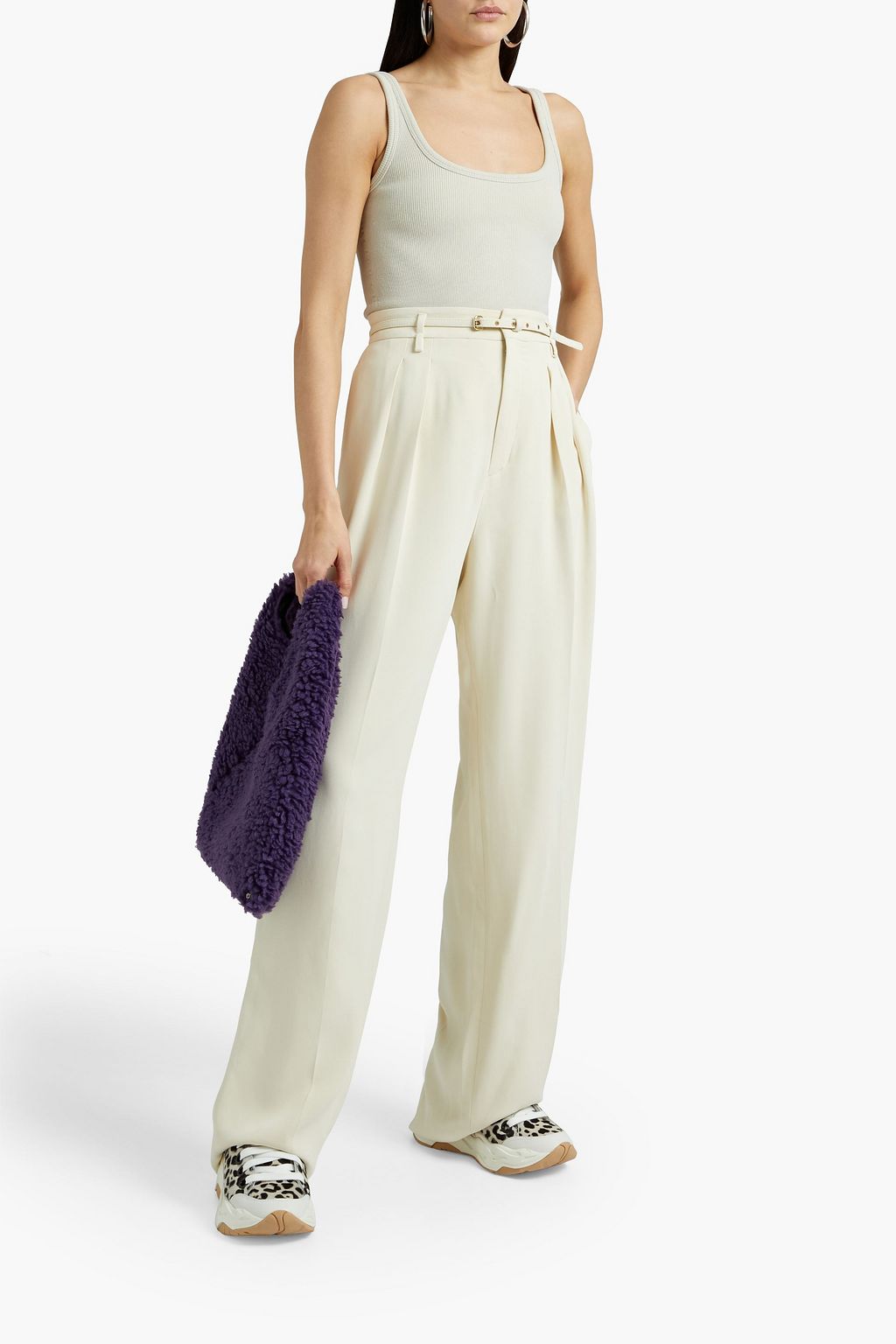 REDVALENTINO Belted pleated stretch-crepe wide-leg pants