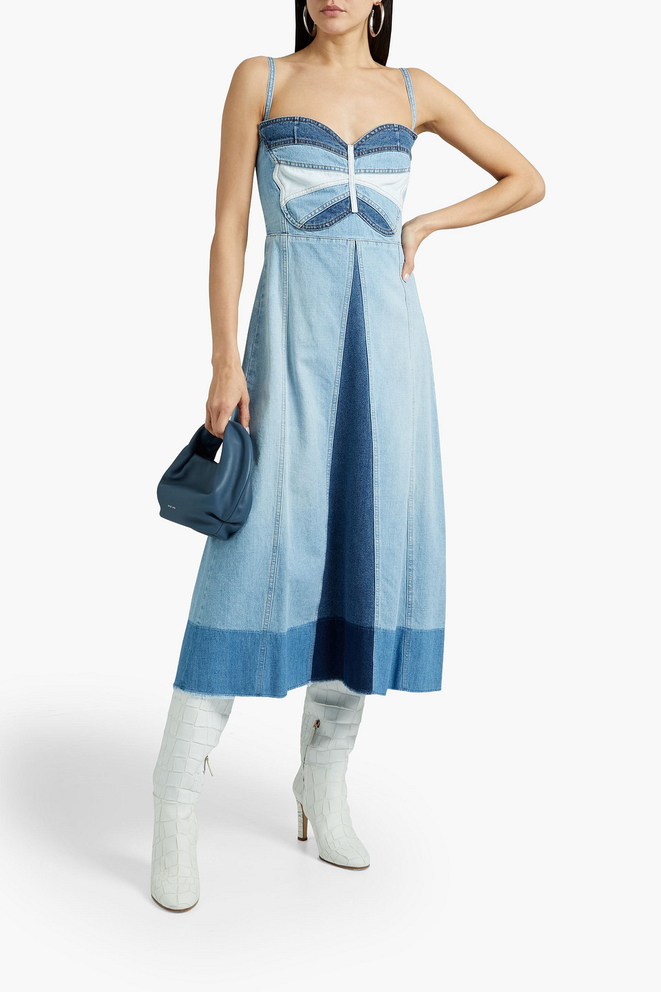 RED VALENTINO APPLIQUÉD DENIM MIDI DRESS,3074457345629991642