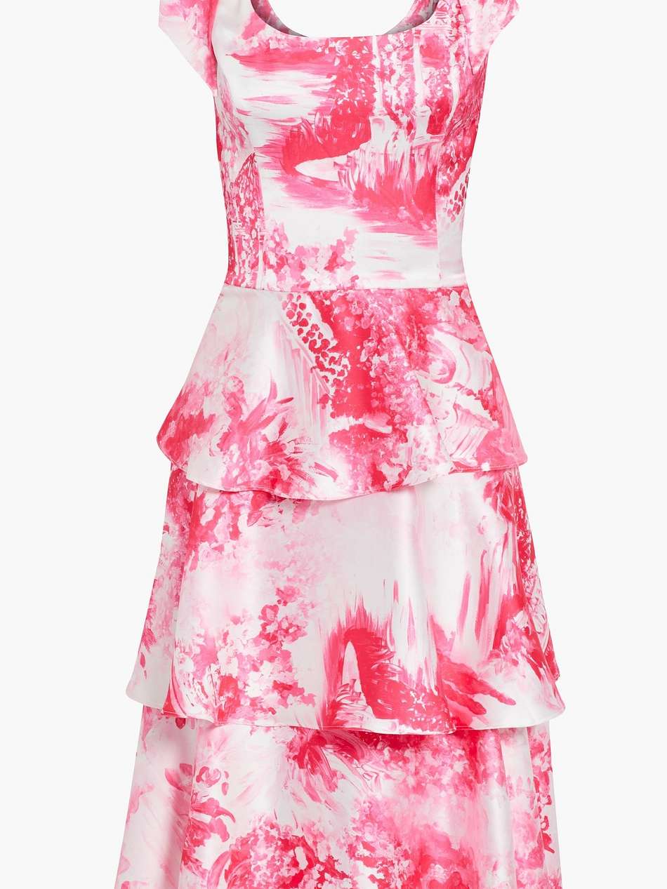 bow-embellished tiered printed satin dress