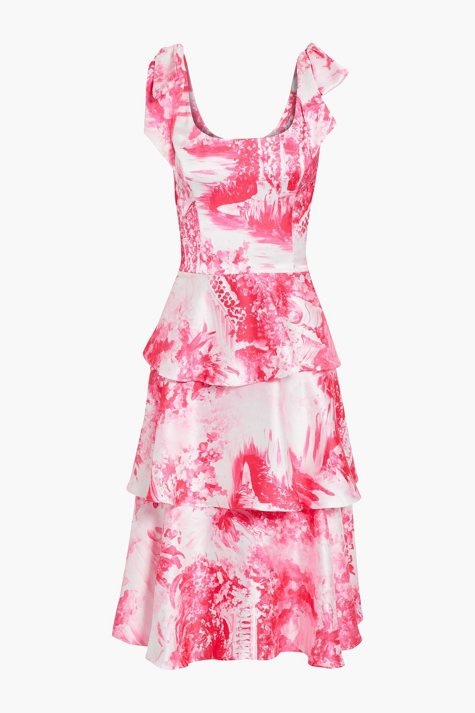 Bow-embellished tiered printed satin dress