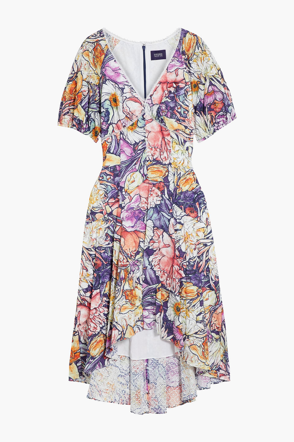 marchesa notte - asymmetric lace-trimmed floral-print broderie anglaise cotton midi dress - purple - us 2