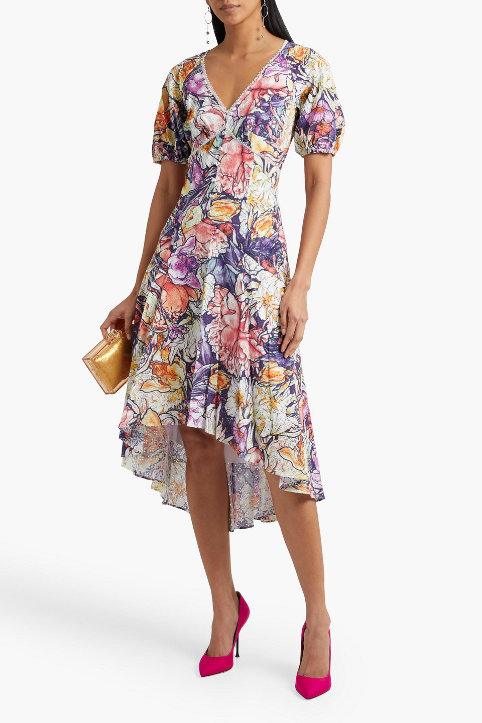 Shop Marchesa Notte Asymmetric Lace-trimmed Floral-print Broderie Anglaise Cotton Midi Dress In Purple