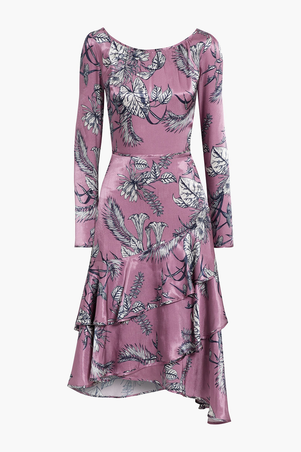 Asymmetric tiered floral-print satin midi dress
