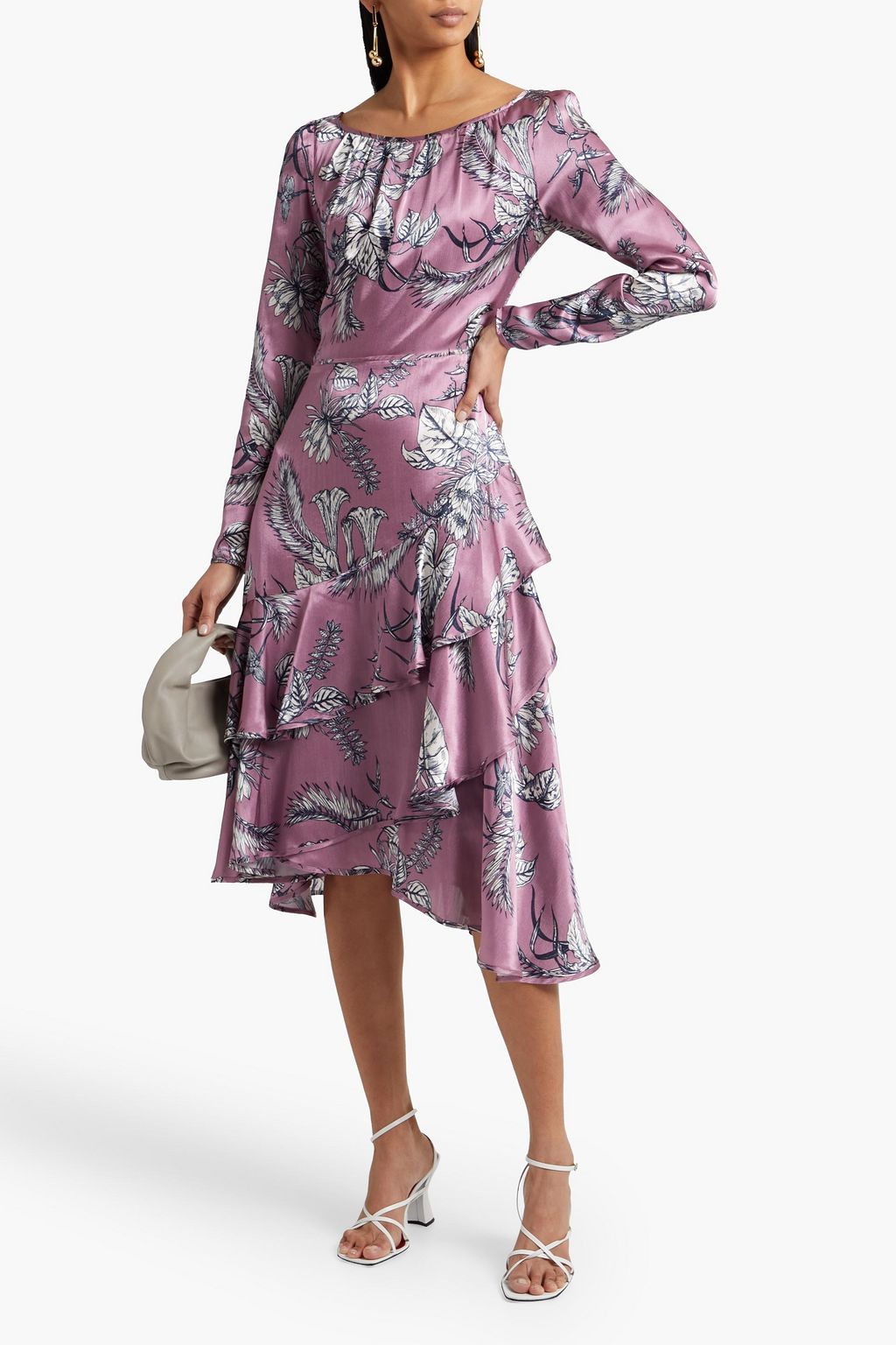 MARCHESA NOTTE Asymmetric printed satin midi dress