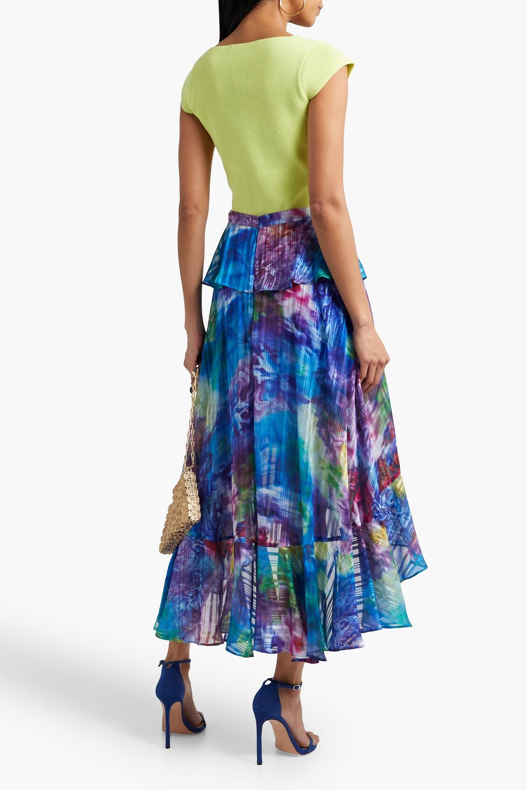 MARCHESA NOTTE Asymmetric metallic printed jacquard midi skirt