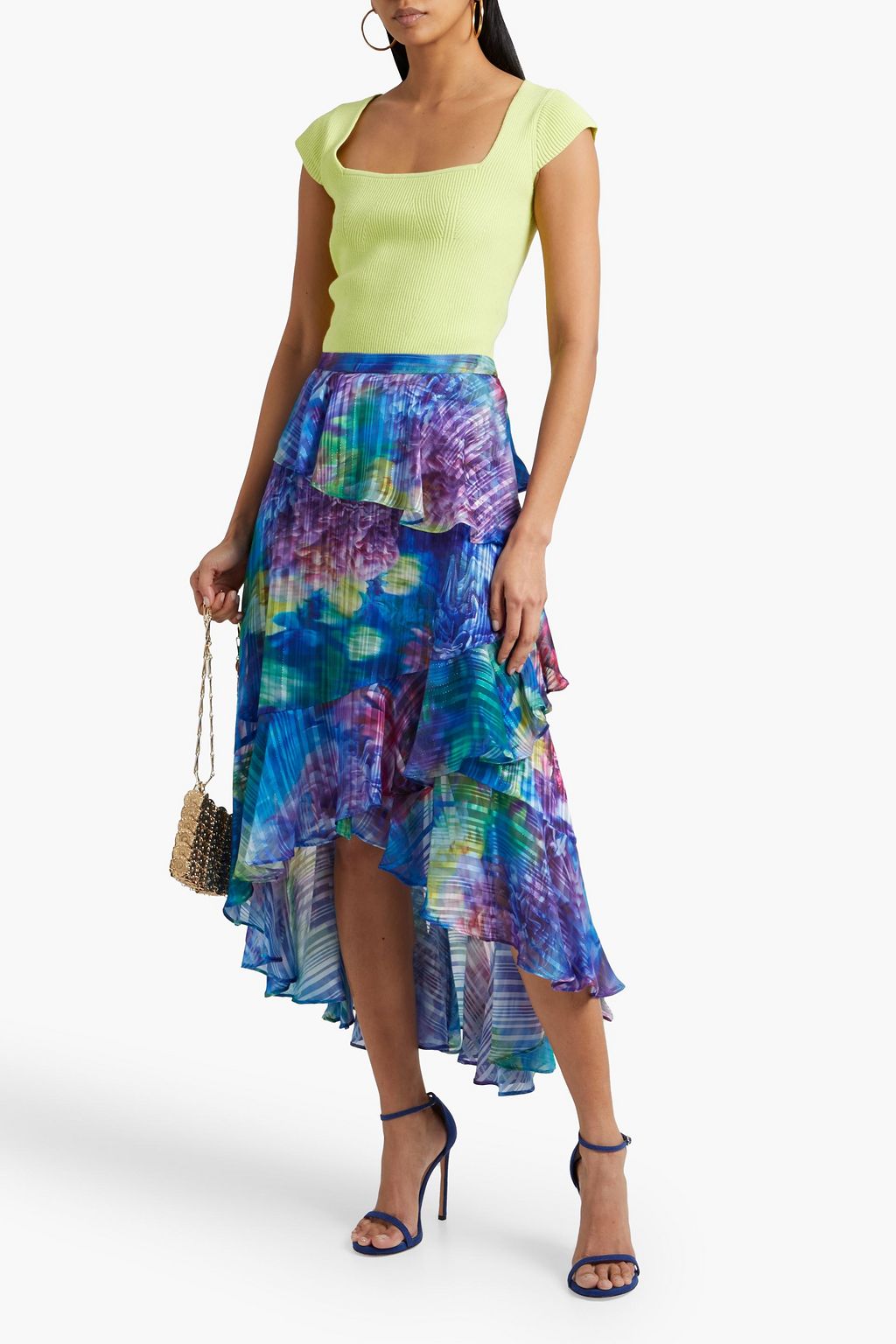 MARCHESA NOTTE Asymmetric metallic printed jacquard midi skirt