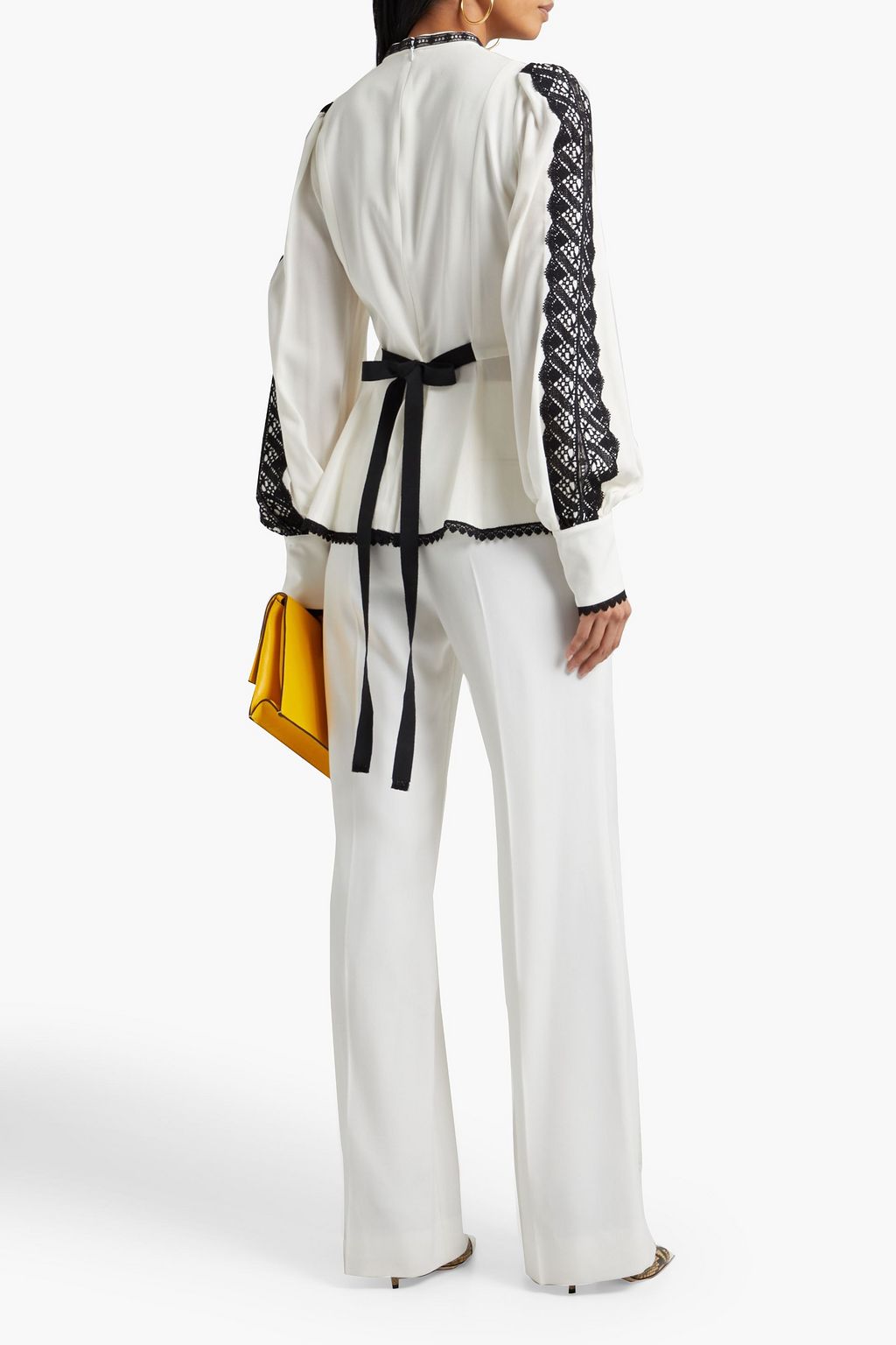 ANDREW GN Crochet-trimmed silk-crepe peplum blouse