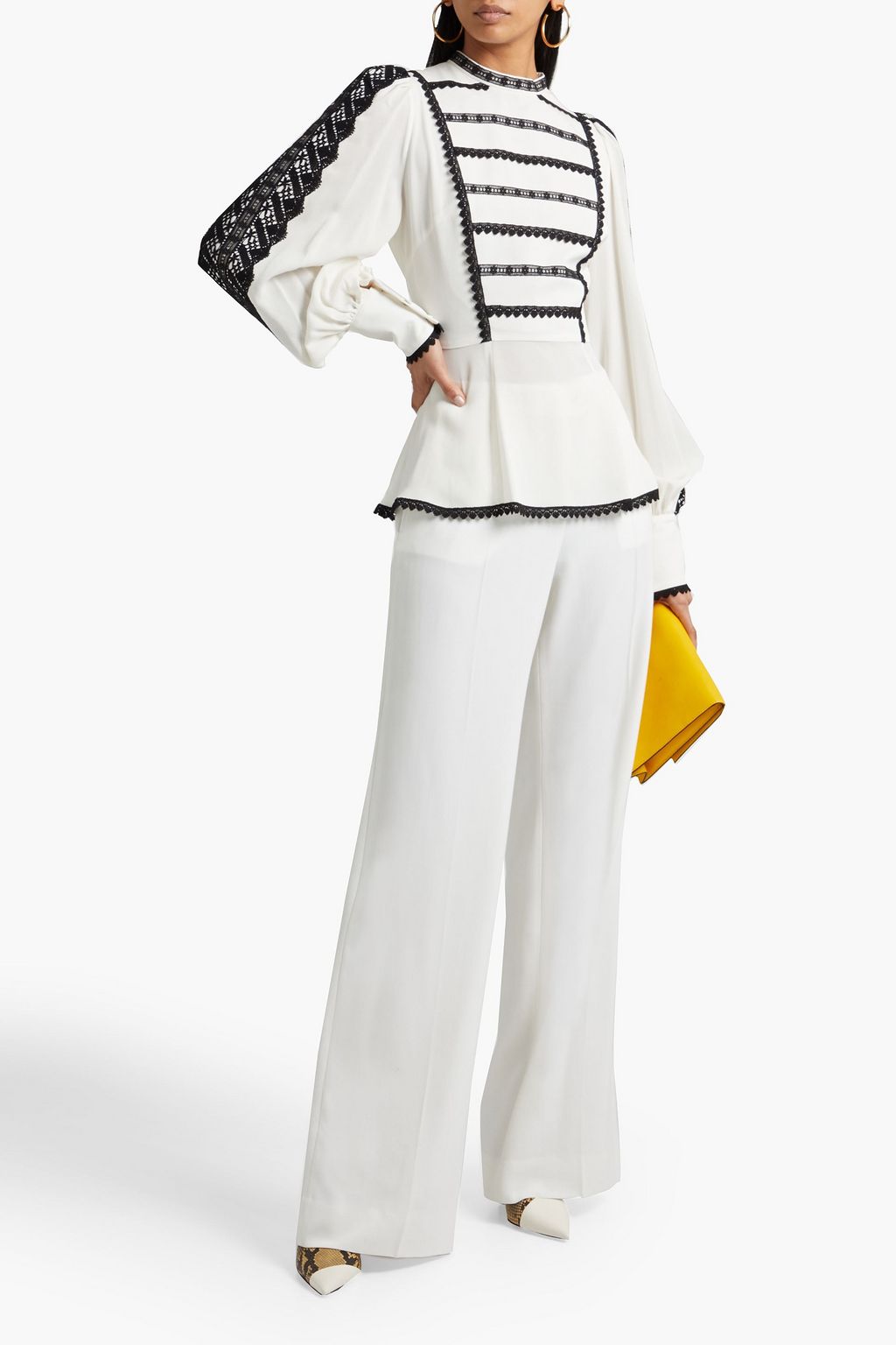 ANDREW GN Crochet-trimmed silk-crepe peplum blouse