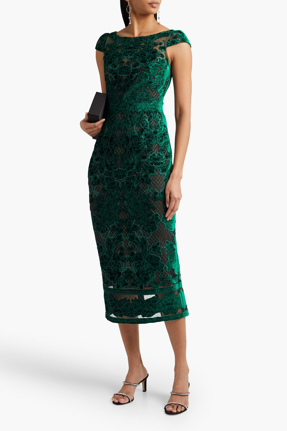 Marchesa Notte Embroidered Velvet-appliquéd Tulle Dress In Emerald