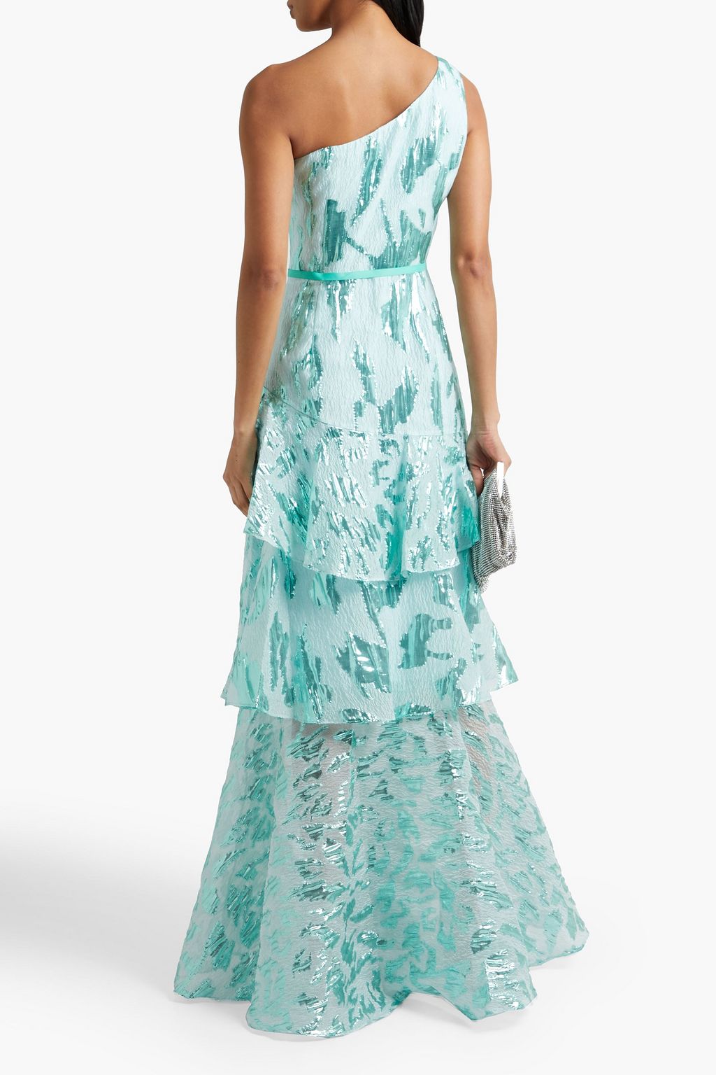 MARCHESA NOTTE 원 숄더 브로케이드 티어드 가운