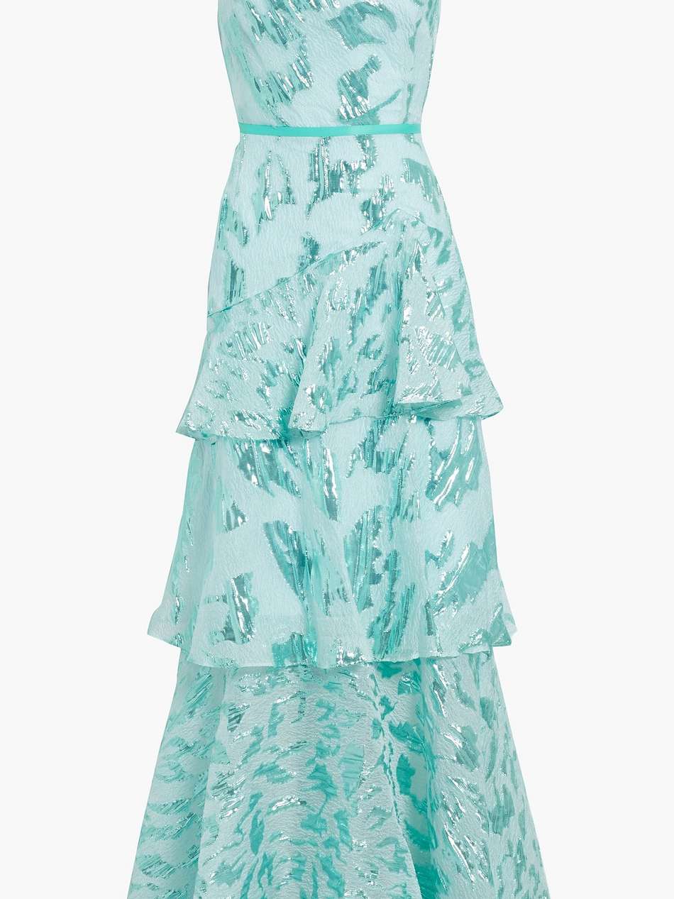 one-shoulder tiered brocade gown