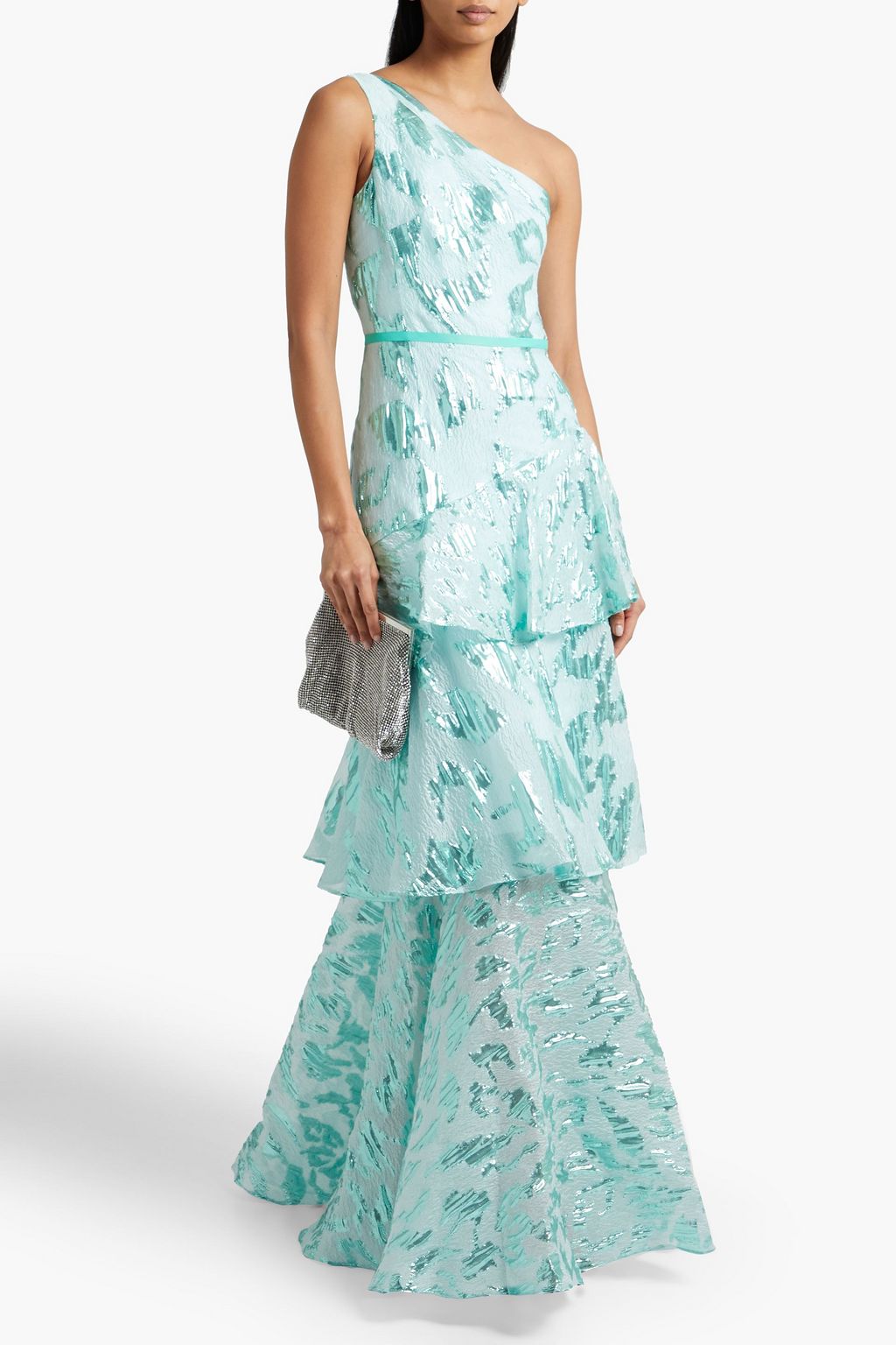 MARCHESA NOTTE 원 숄더 브로케이드 티어드 가운