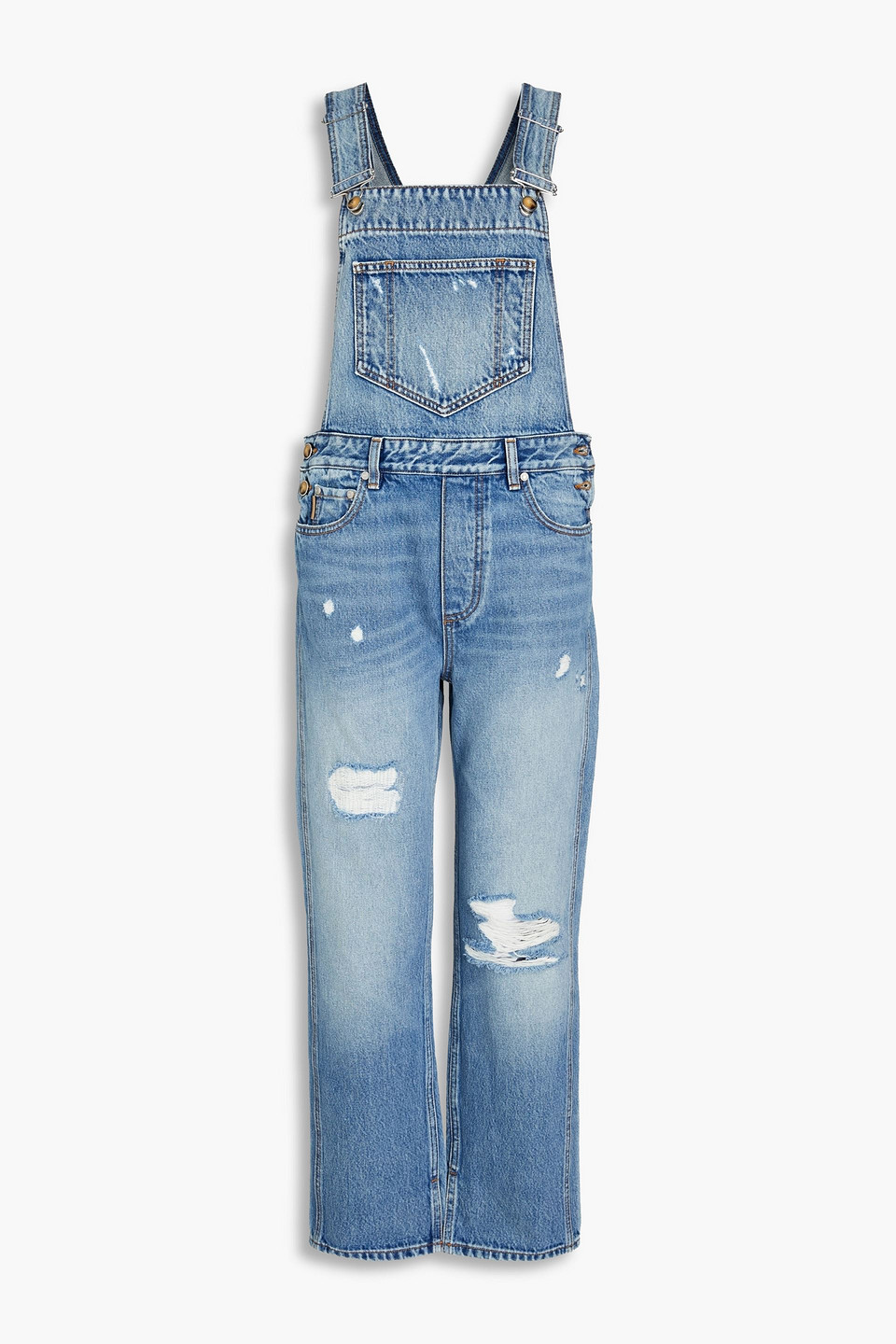 Distressed denim overalls