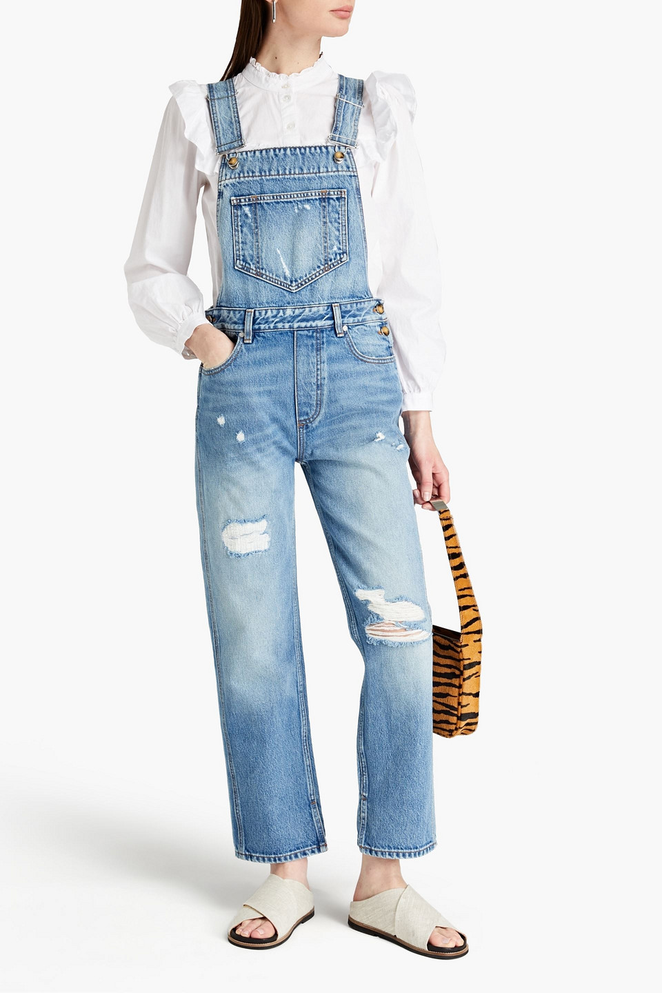Ganni Distressed Denim Overalls In Light Denim