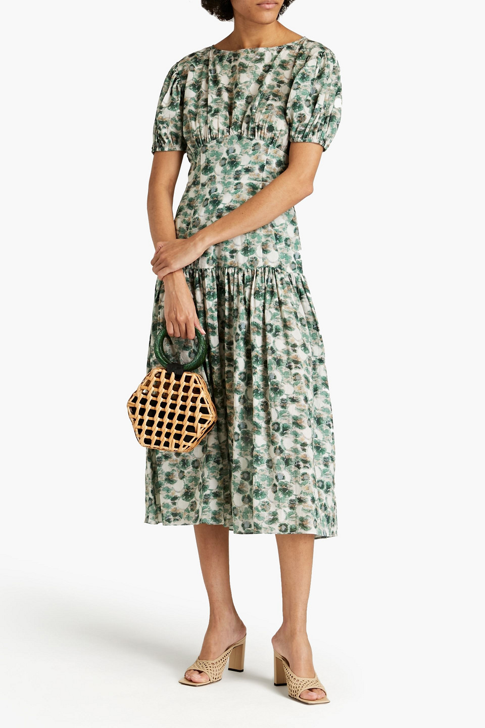 Marysia Ojai Gathered Printed Cotton Midi Dress In Green