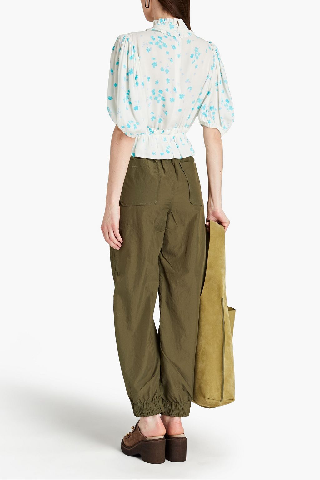 GANNI Ruffled floral-print crepe peplum top
