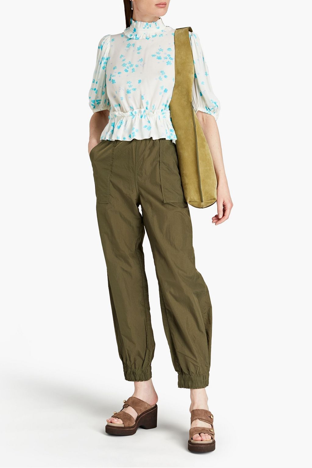 GANNI Ruffled floral-print crepe peplum top