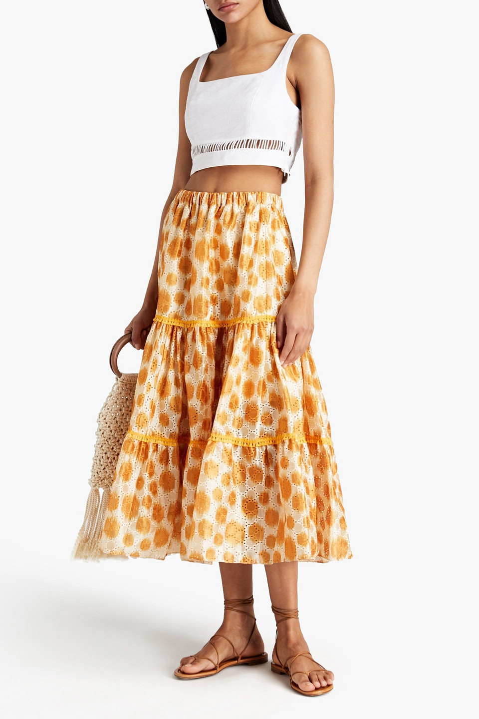 Sachin & Babi Brianna Gathered Printed Broderie Anglaise Midi Skirt In Brown