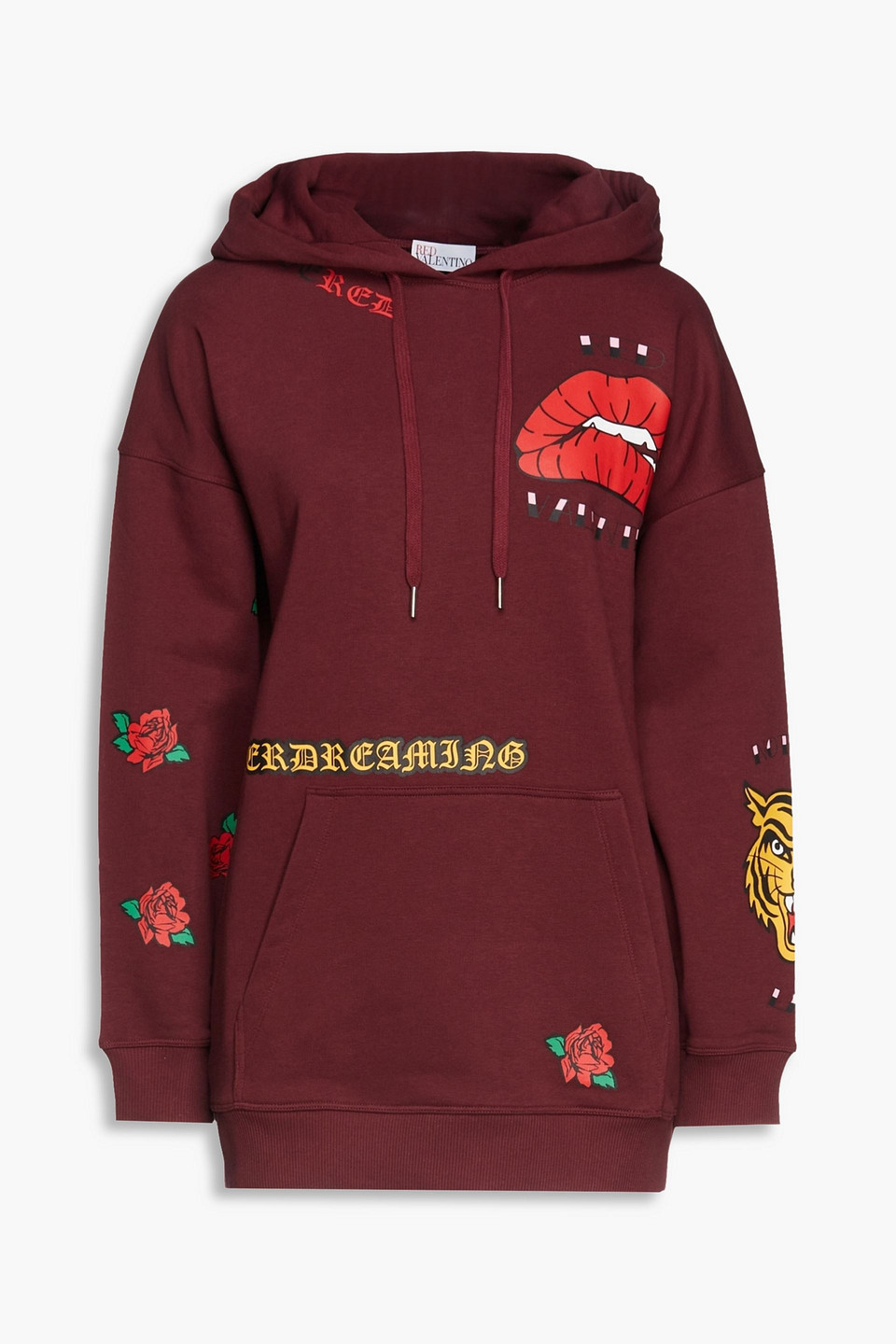 Red Valentino Printed Cotton-blend Terry Hoodie In Merlot