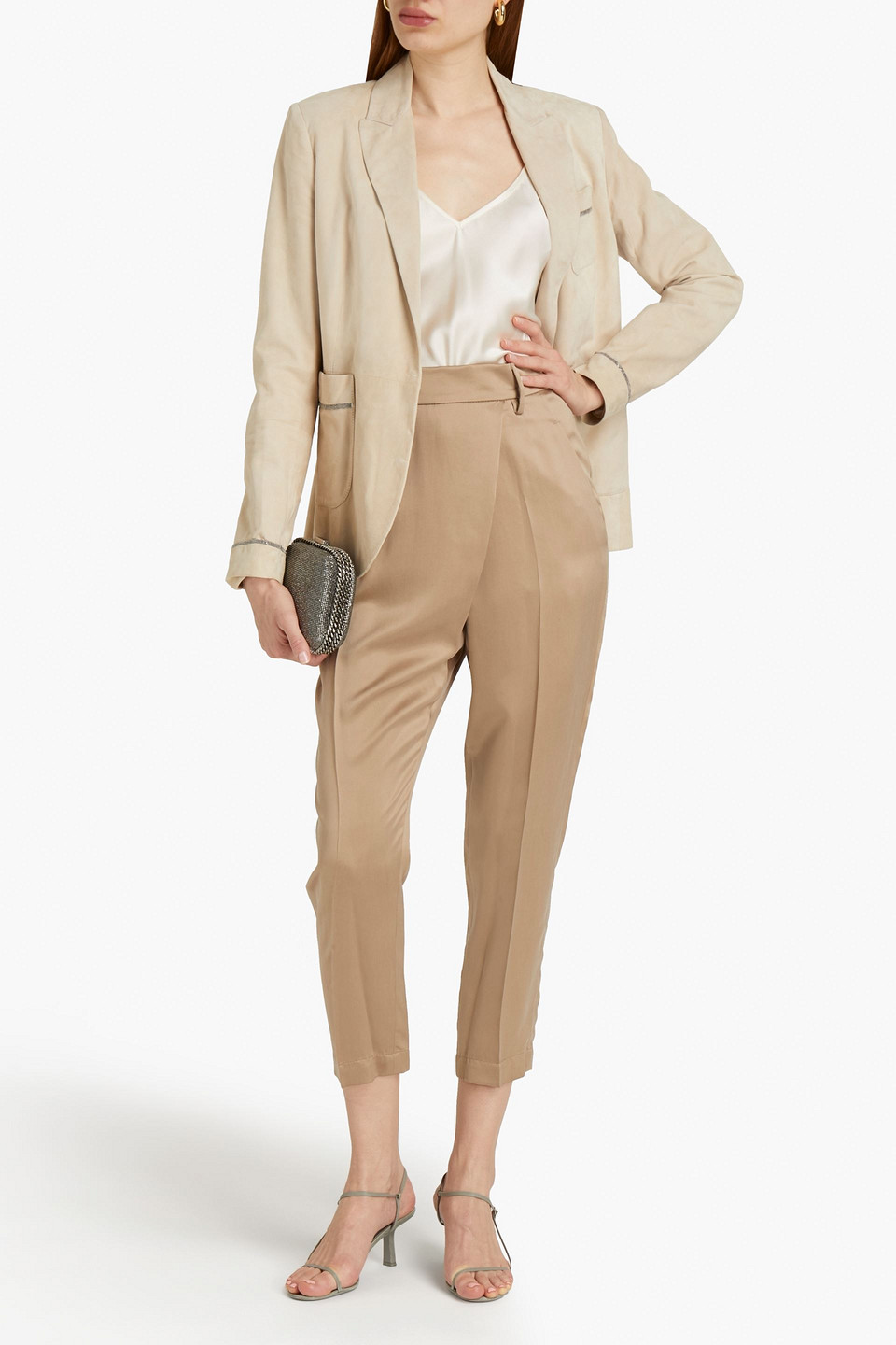 Brunello Cucinelli Cropped Layered Silk Crepe De Chine Tapered Pants In Sand