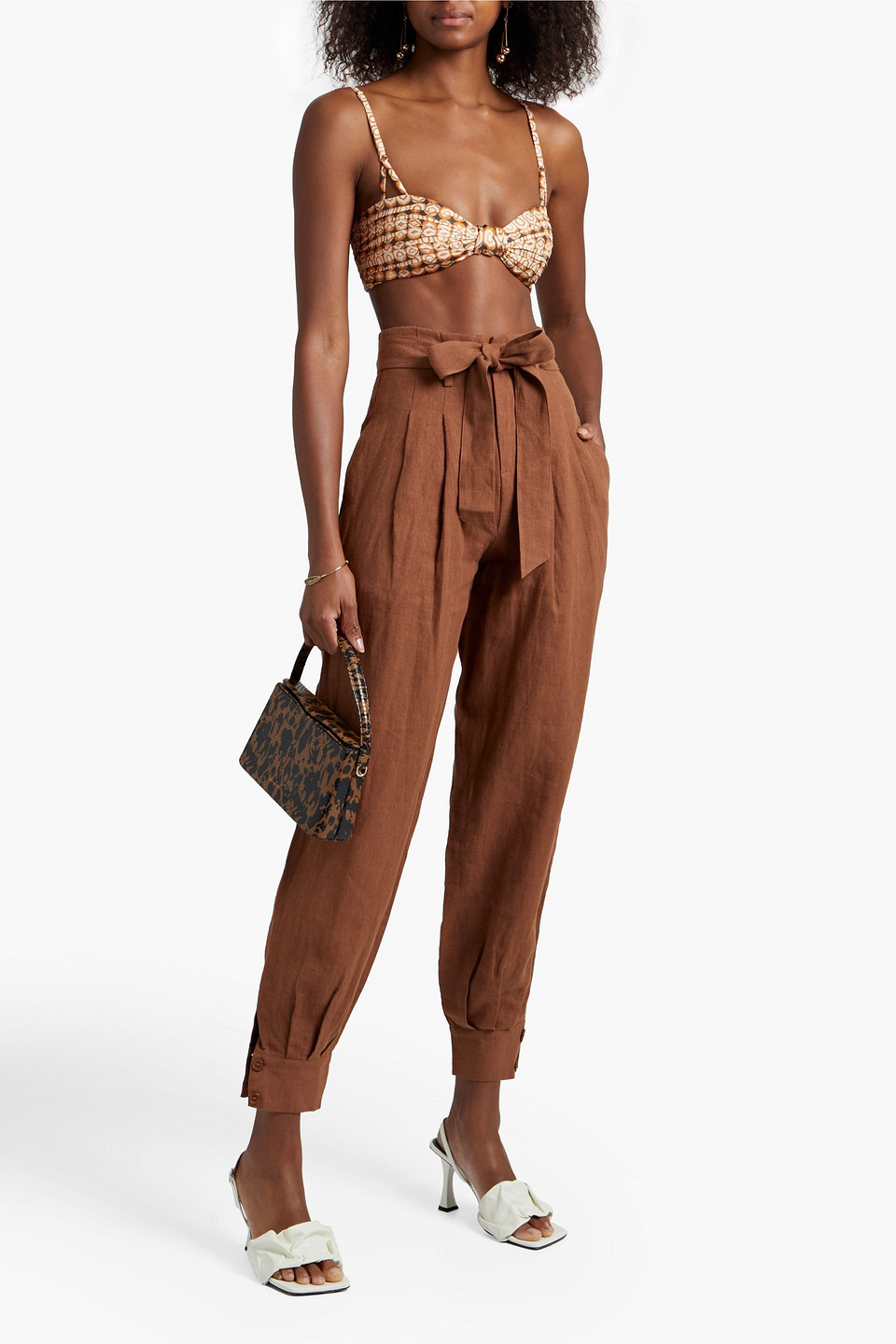 Ronny Kobo Dakota Belted Pleated Linen Tapered Pants In Brown