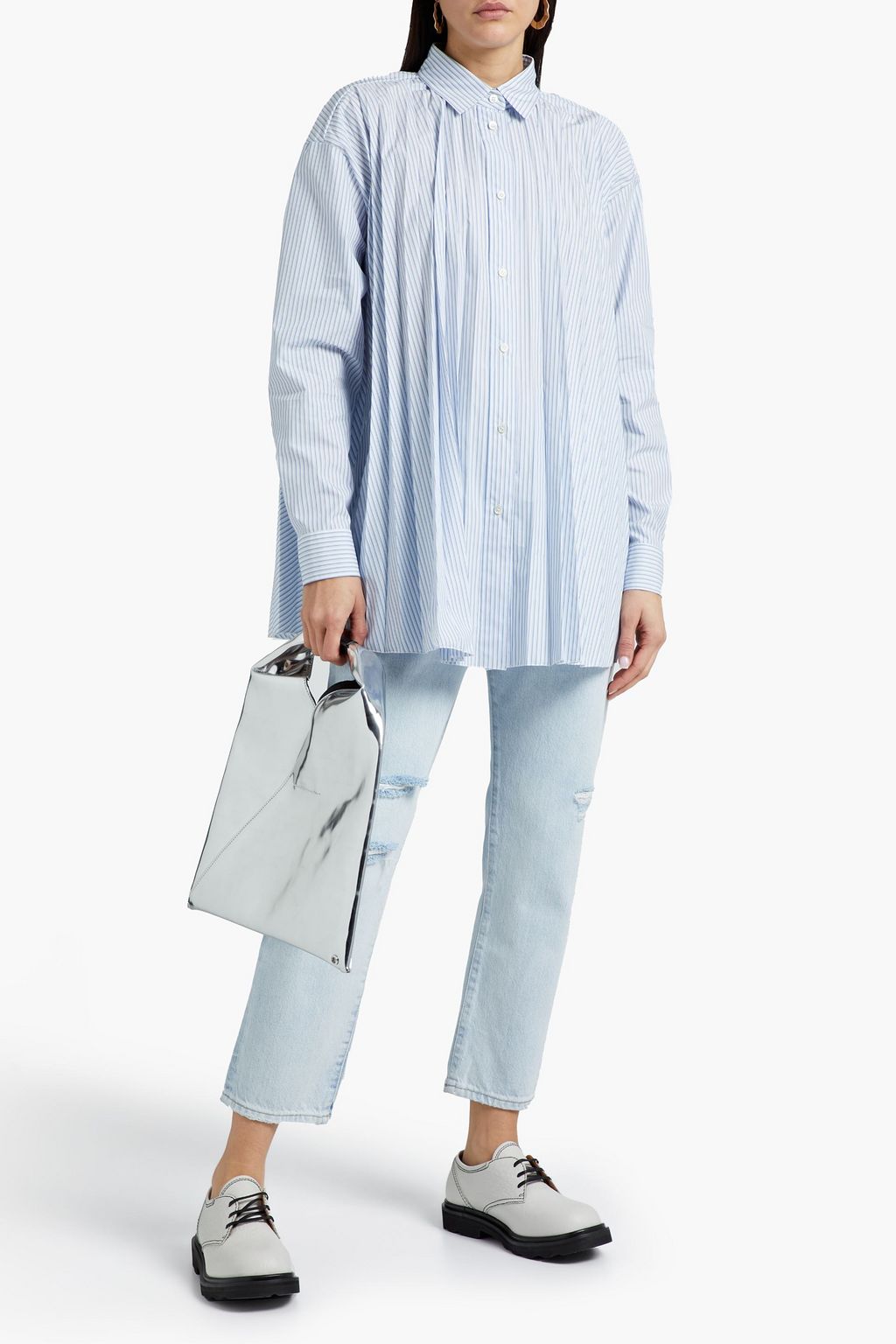 REDVALENTINO Pleated striped cotton-blend poplin shirt