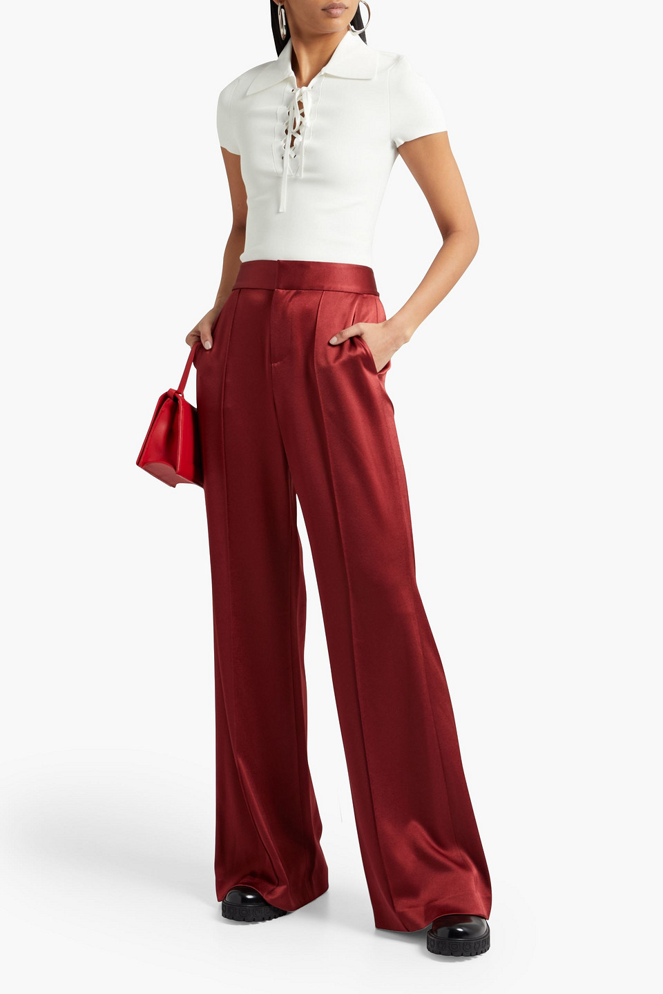 Alice And Olivia Dylan Pintucked Satin-crepe Wide-leg Pants In Claret