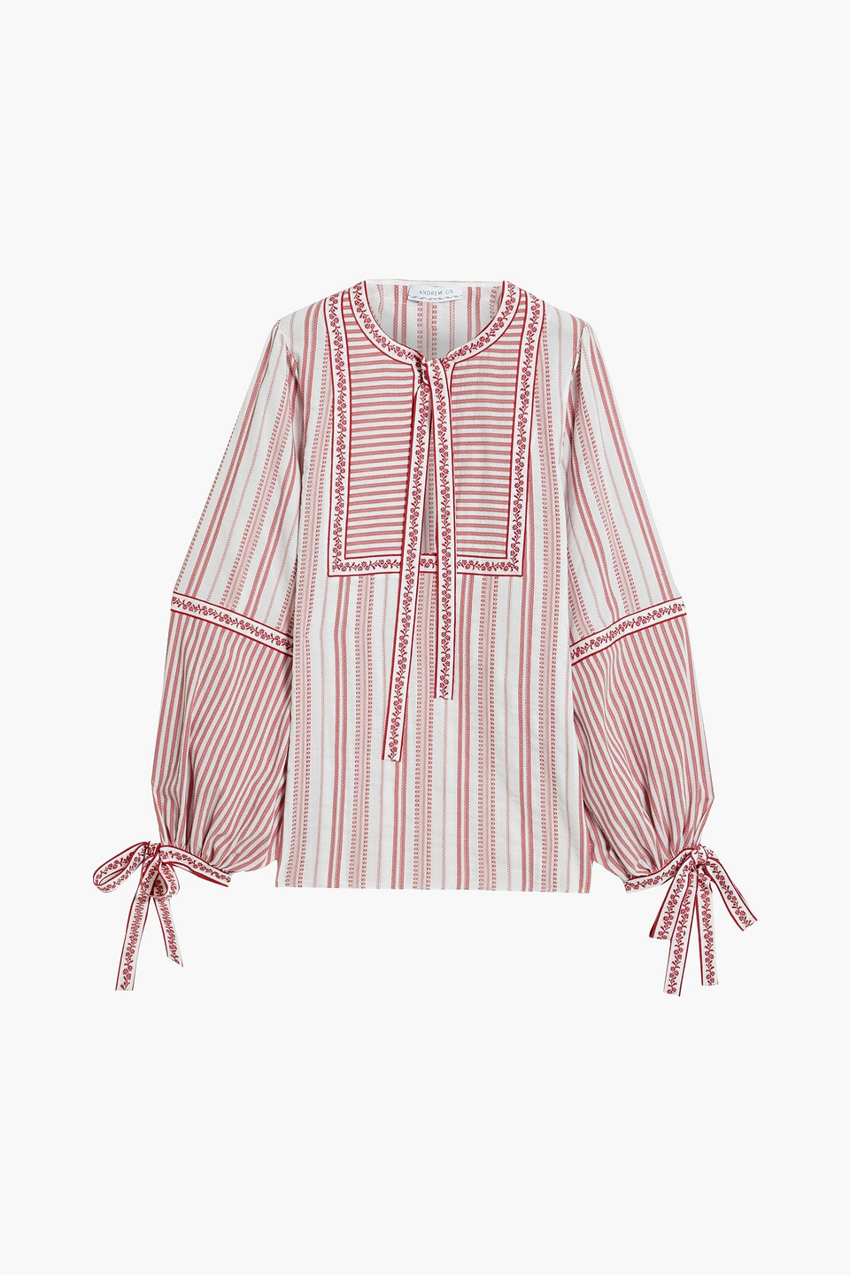 Tie-neck striped cotton-jacquard blouse