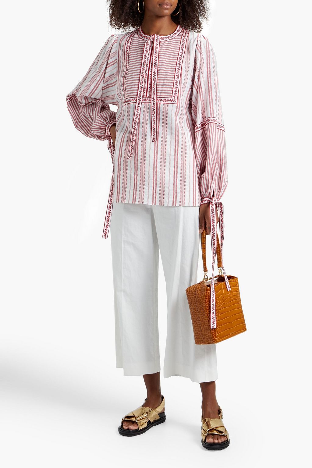 ANDREW GN Tie-neck striped cotton-jacquard blouse