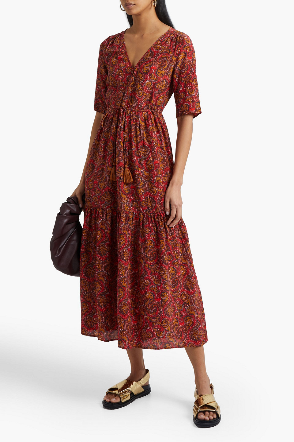 Vanessa Bruno Tasseled Tiered Printed Woven Midi Dress In Papaya