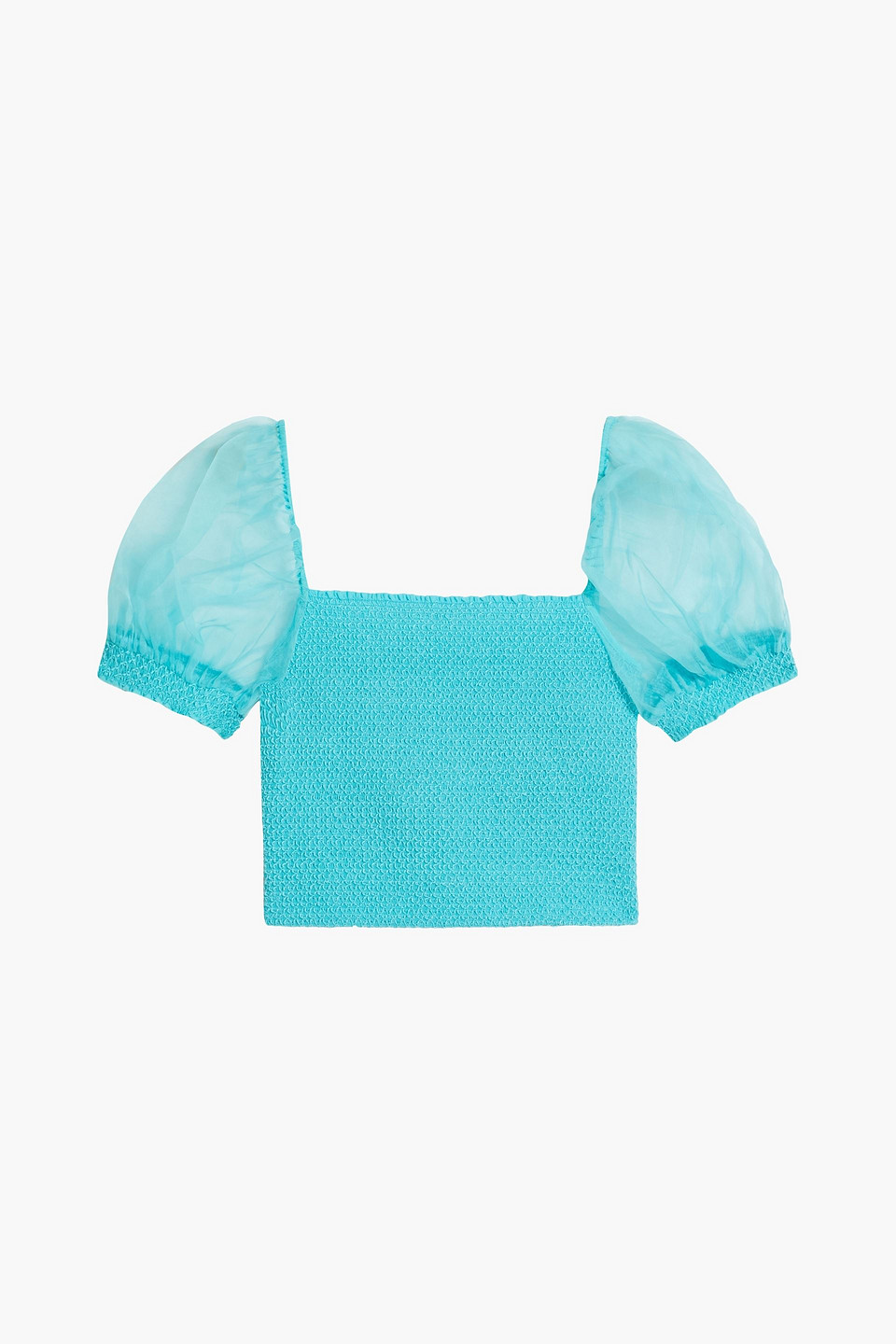 alice olivia - eliana organza-paneled smocked crepe top - blue - l