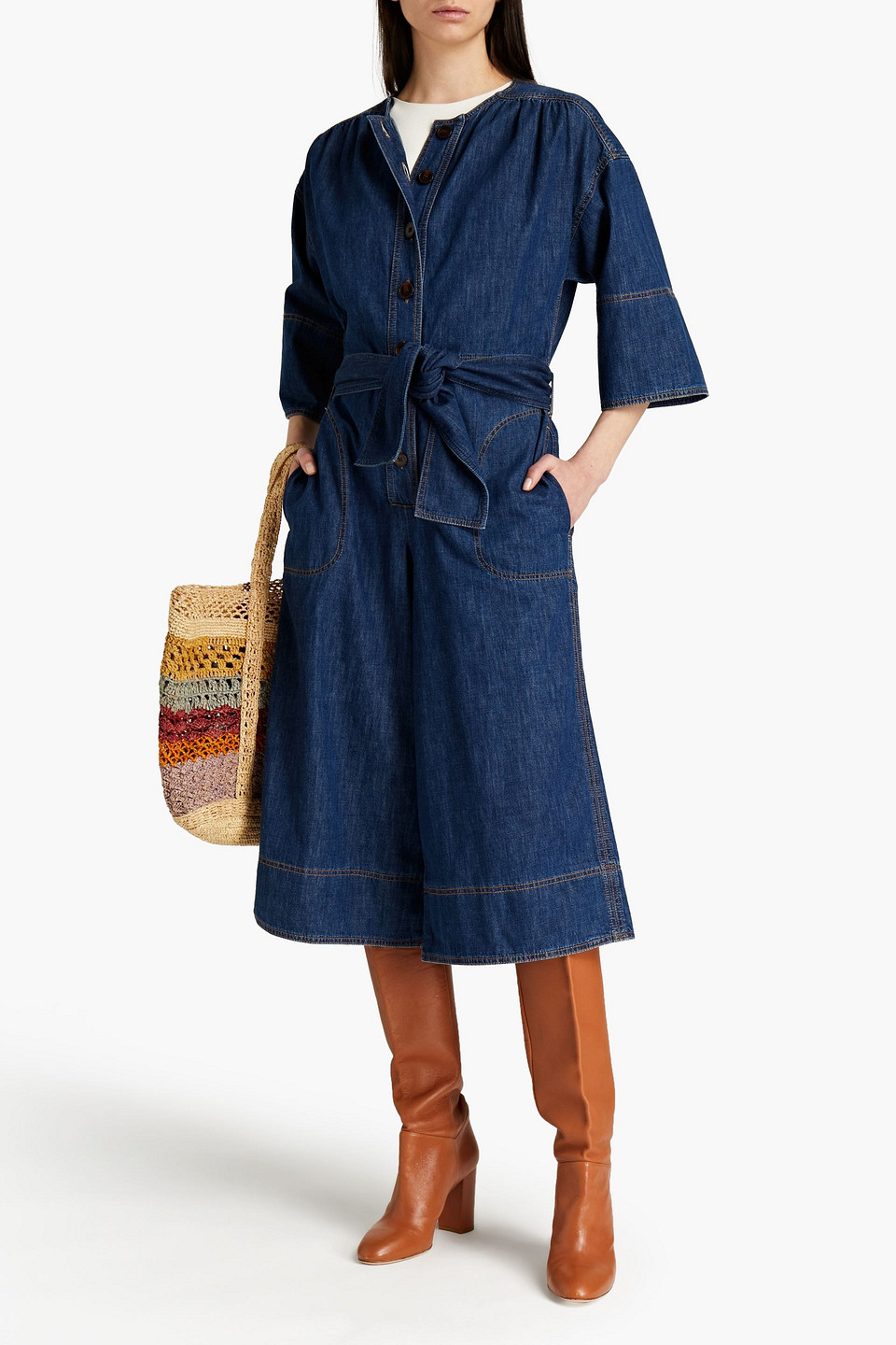 Vanessa Bruno Cropped Belted Denim Jumpsuit In Dark Denim