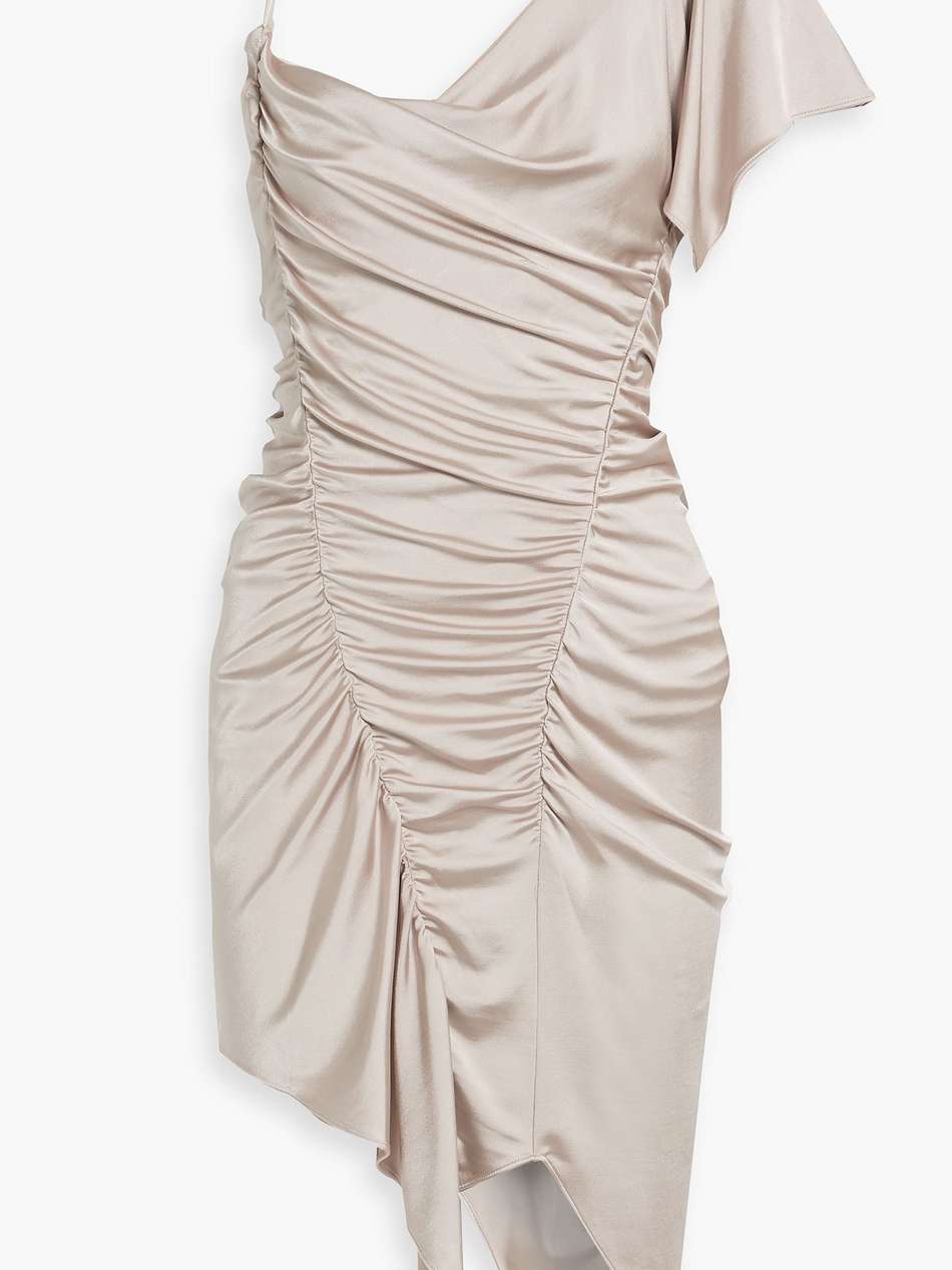autumn one-sleeve asymmetric ruched satin-jersey mini dress