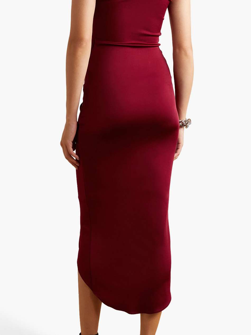 off-the-shoulder cutout ruched satin-jersey midi dress