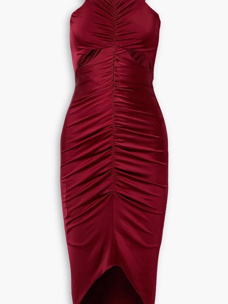 off-the-shoulder cutout ruched satin-jersey midi dress