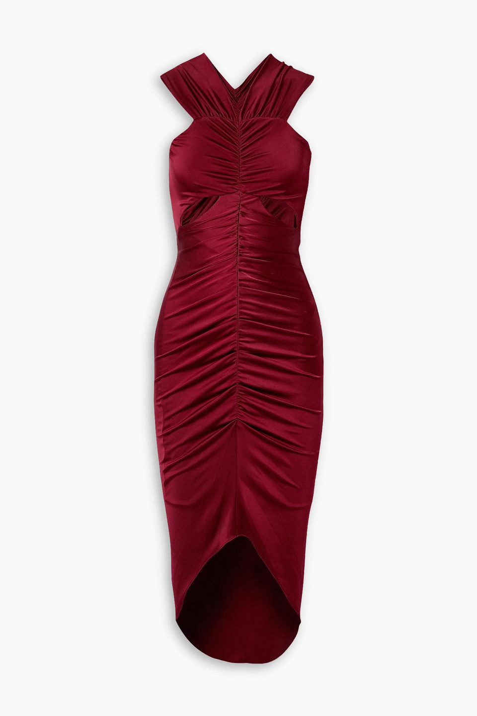 Et Ochs Off-the-shoulder Cutout Ruched Satin-jersey Midi Dress In Crimson