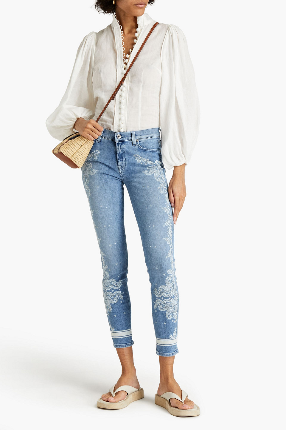 7 For All Mankind Cropped Paisley-print Mid-rise Skinny Jeans In Blue