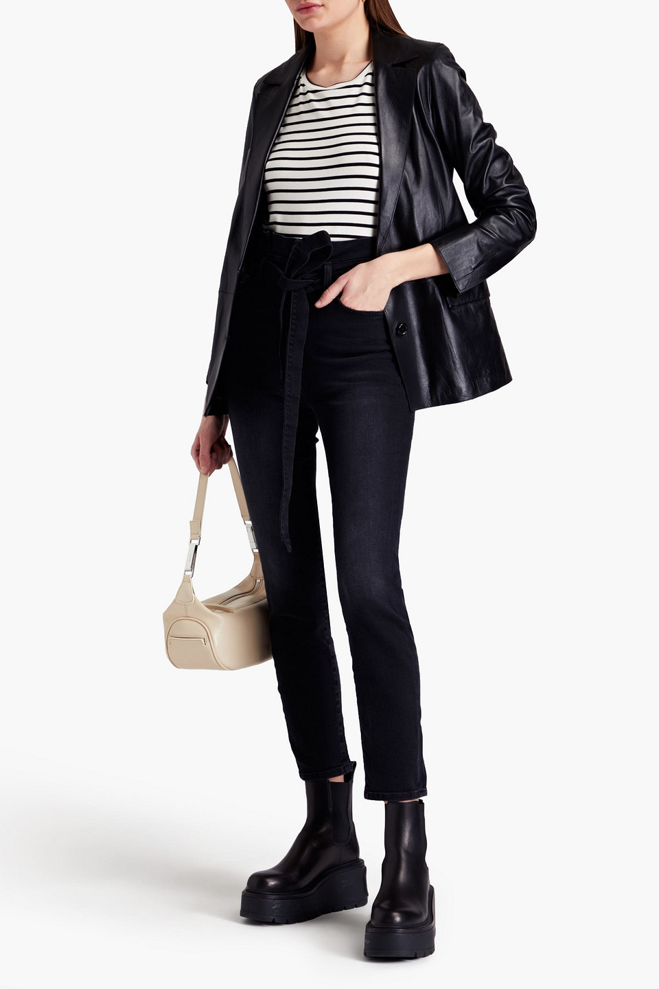 7 For All Mankind Paperbag Cropped Belted High-rise Slim-leg Jeans In Black