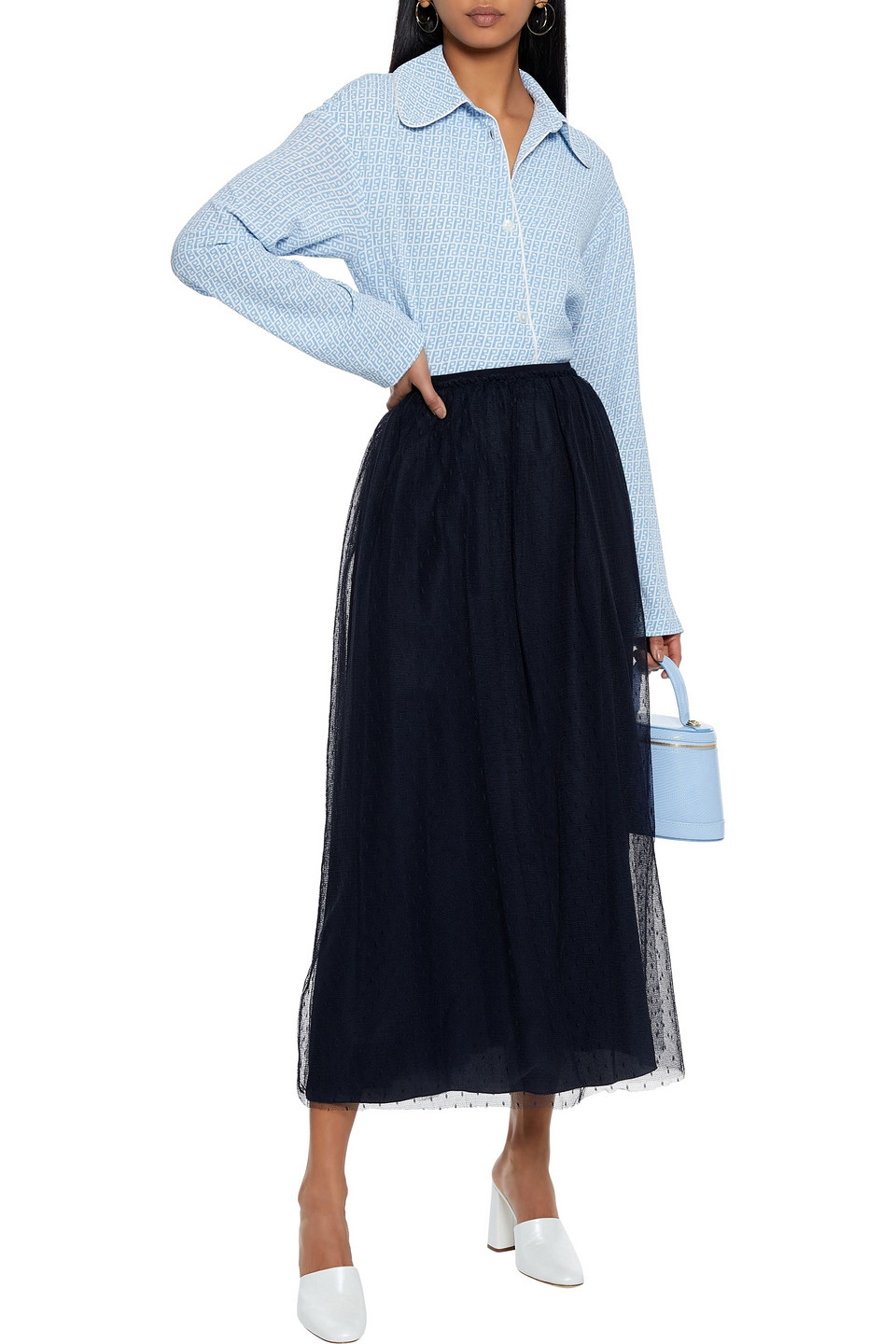 Red Valentino Gathered Point D'esprit Midi Skirt In Midnight Blue